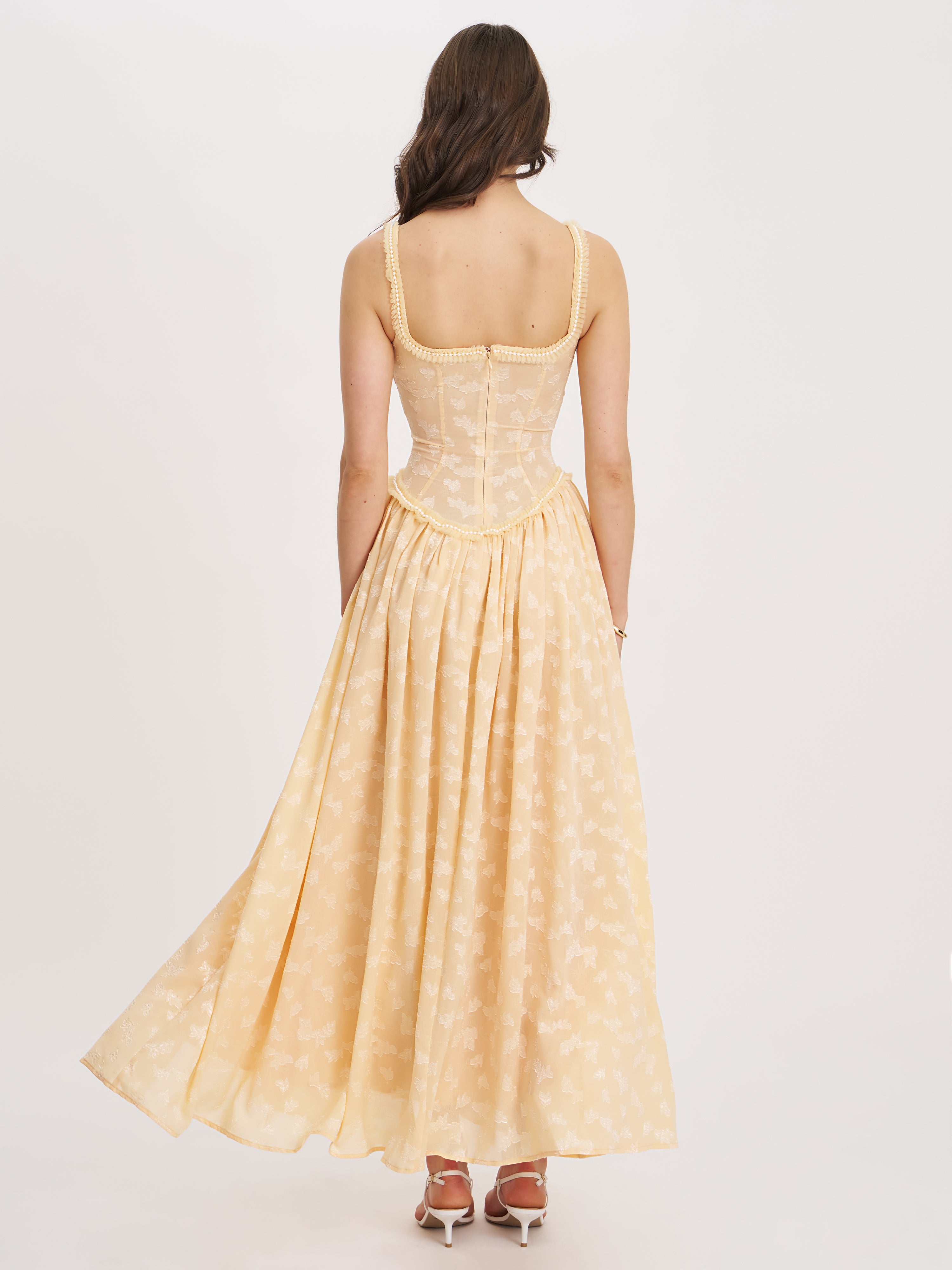 Ulissa Orange Square Neck Jacquard Textured High Slit Maxi Dress