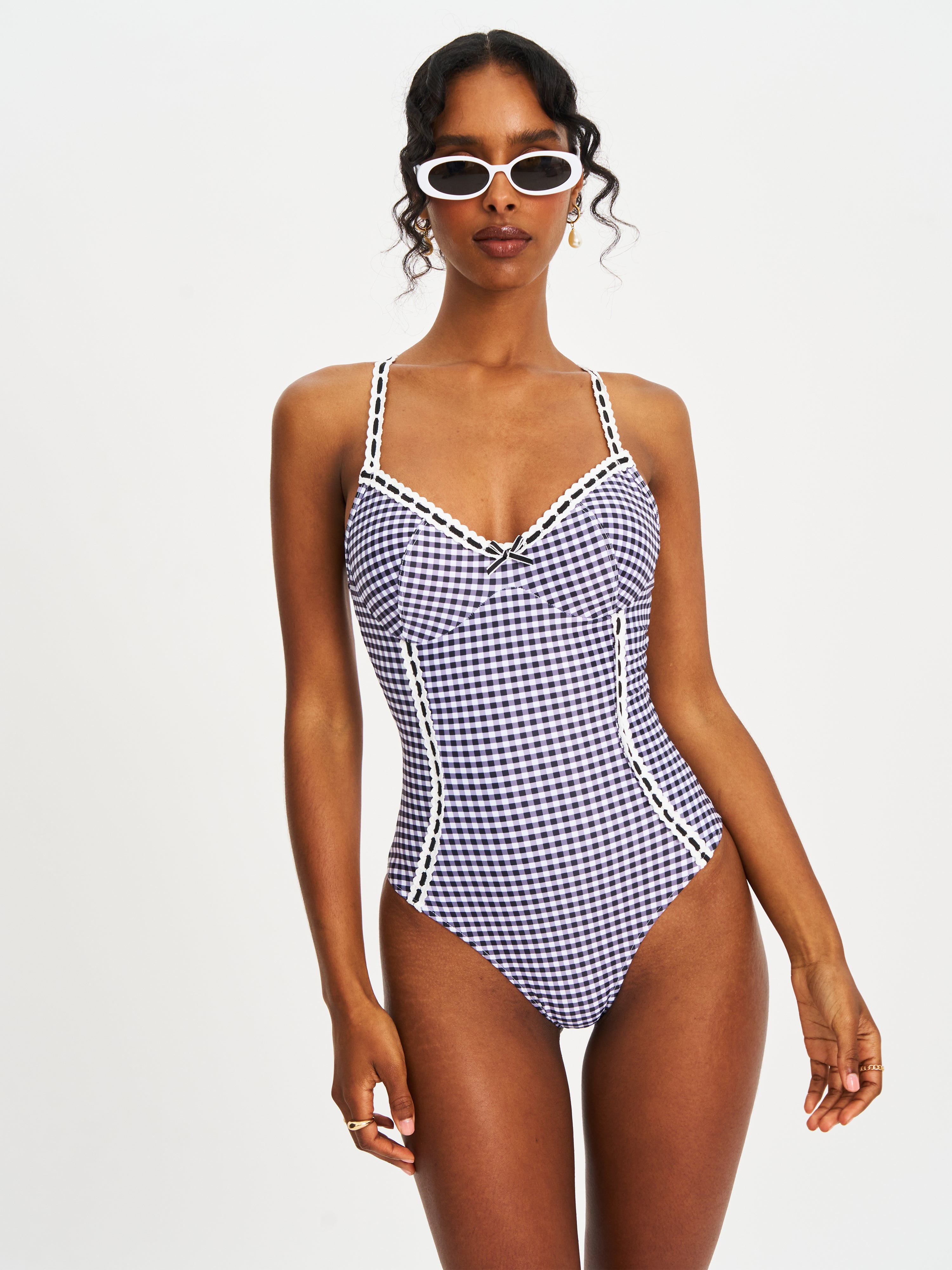 Gigi Black Gingham Lace Strap Backless Swimsuit