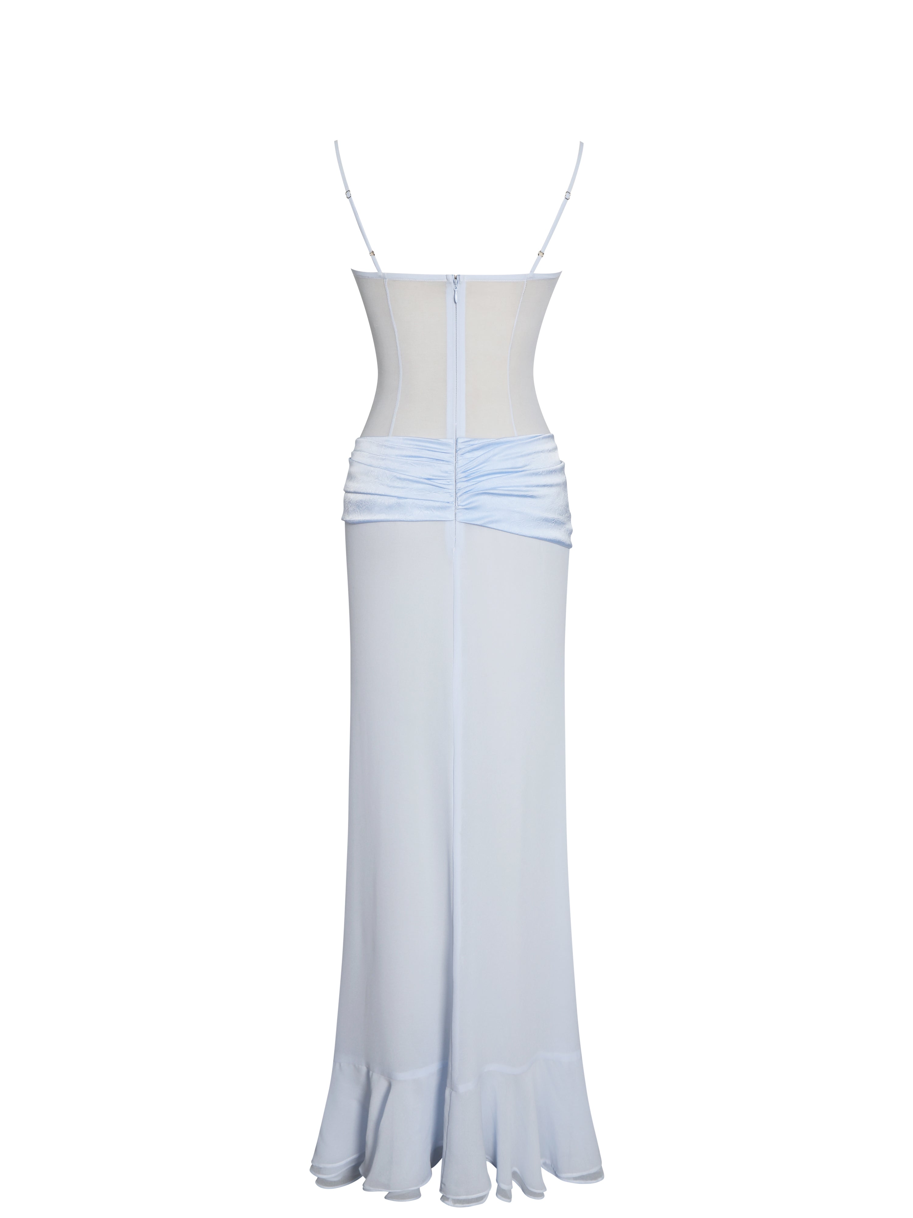 Lacy Blue Ruched Breast High Slit Chiffon Dress