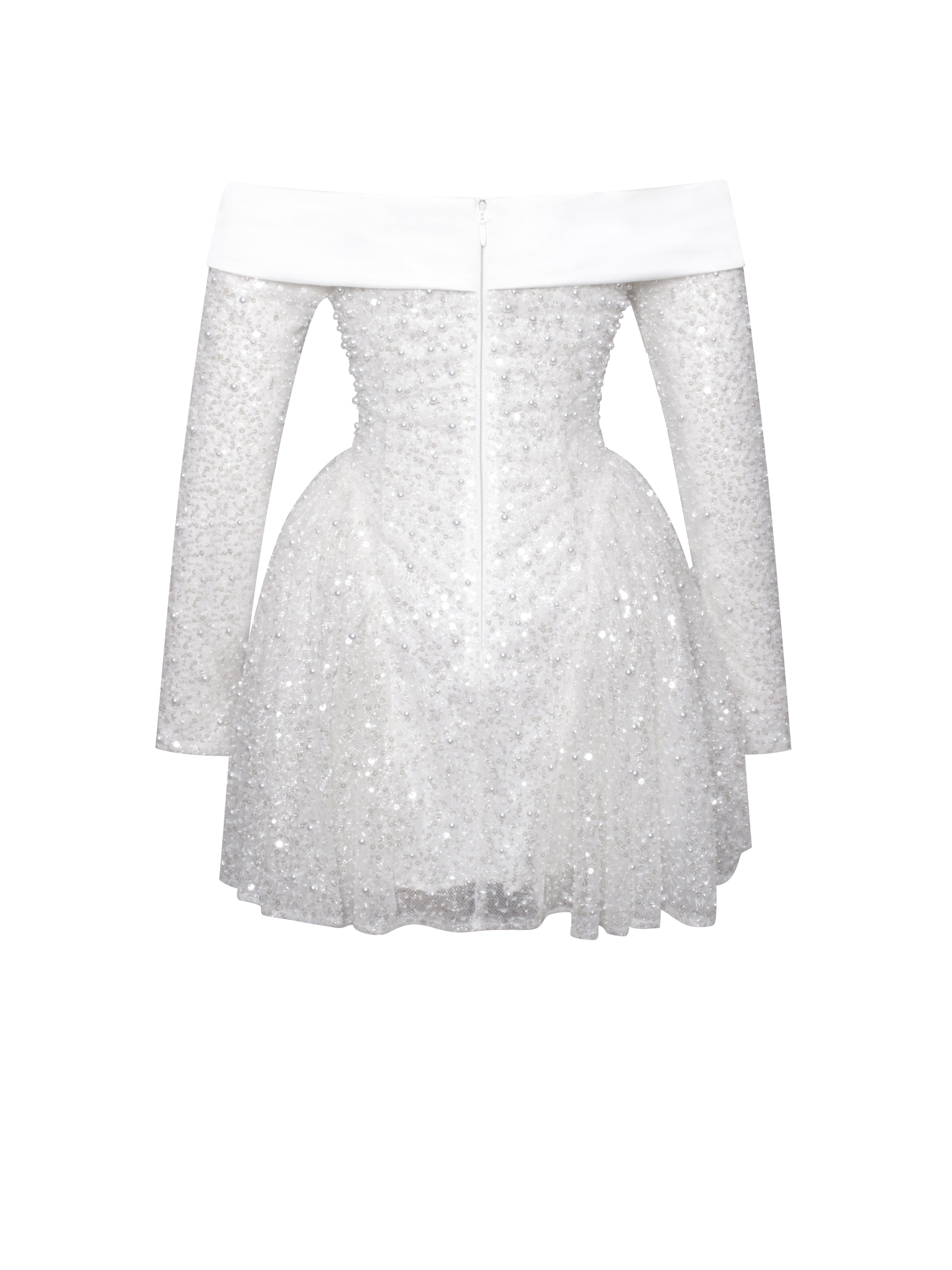 Kira Bead Embroidered Mesh Off Shoulder Long Sleeve Mini Dress