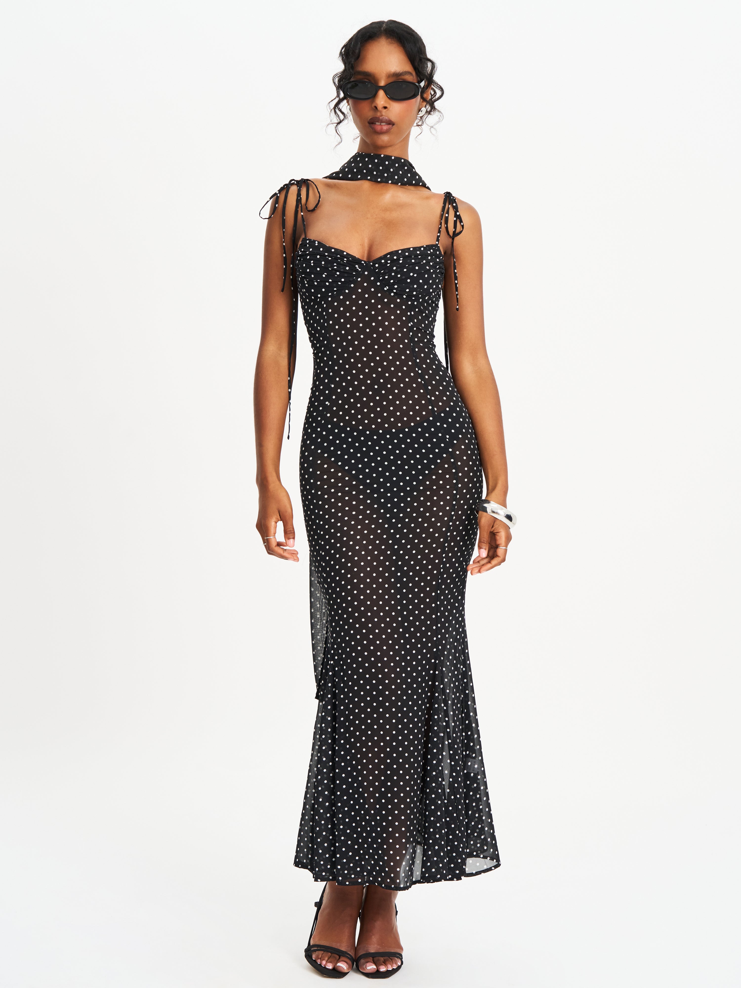 Yadira Black Base Polka Dot Chiffon Maxi Dress