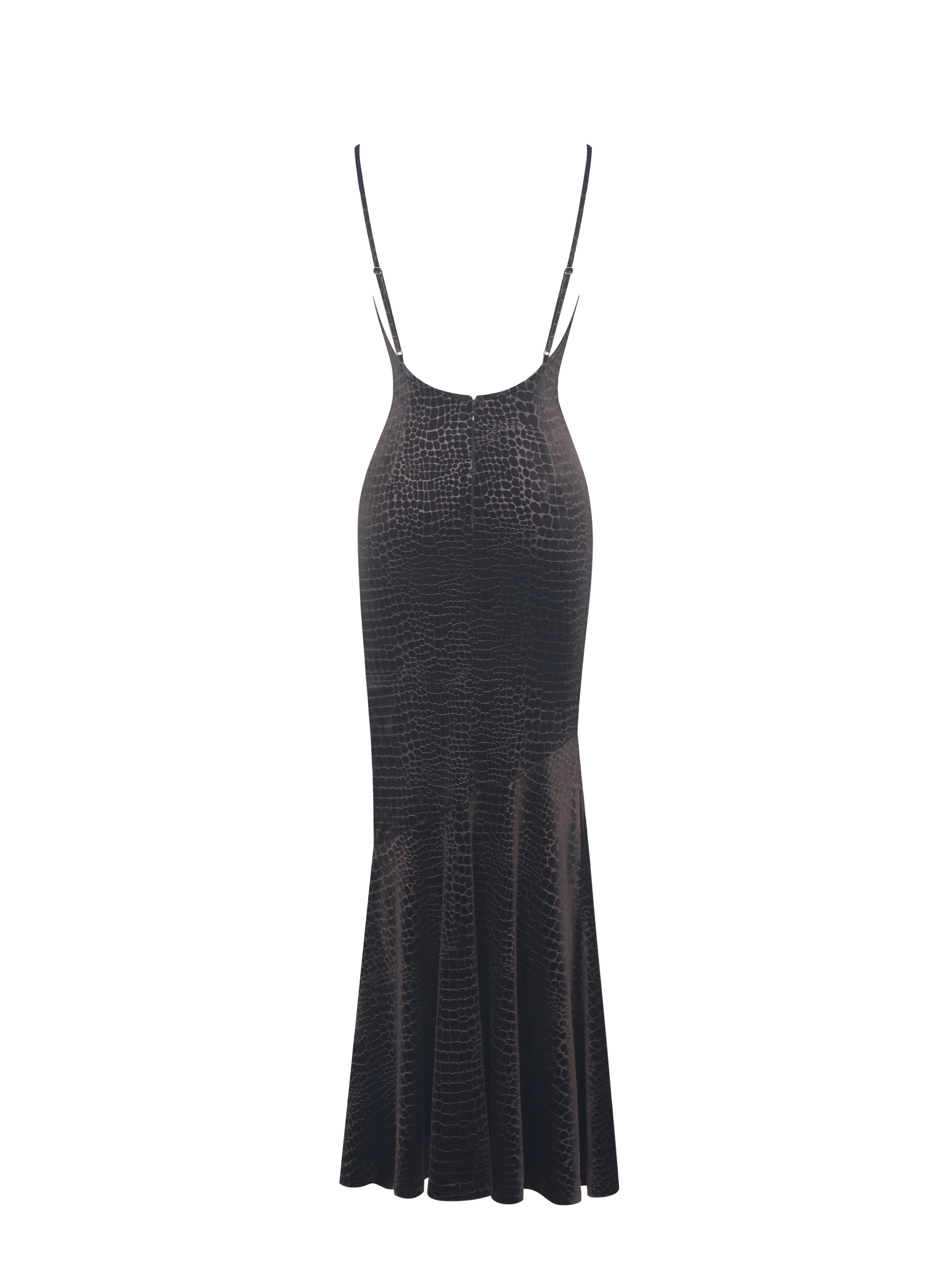 Veronique Brown Croc-Embossed Velvet Cowl Neck Mermaid Maxi Dress