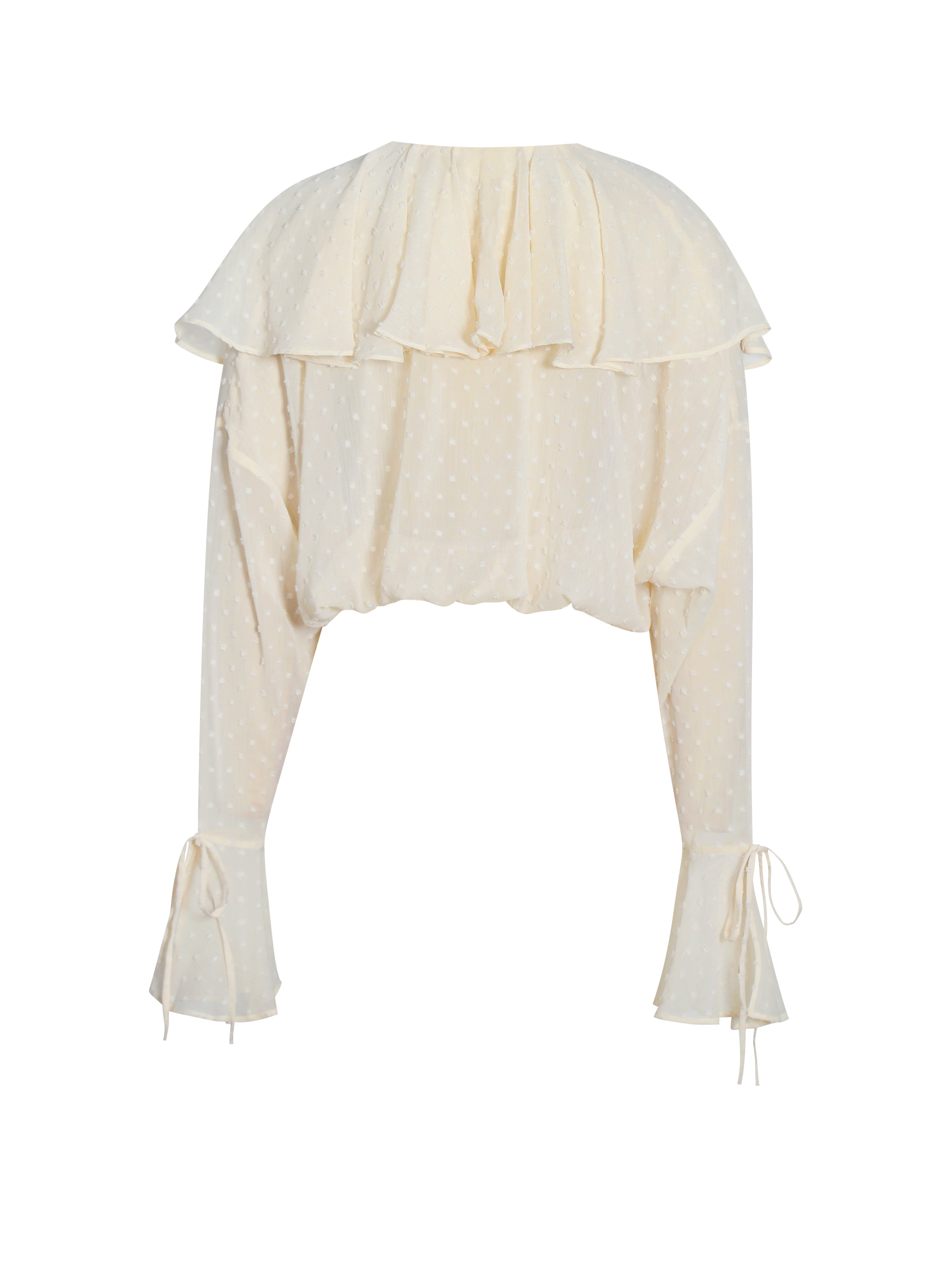 Magali Beige Dotted Mesh Ruffle V Collar Top