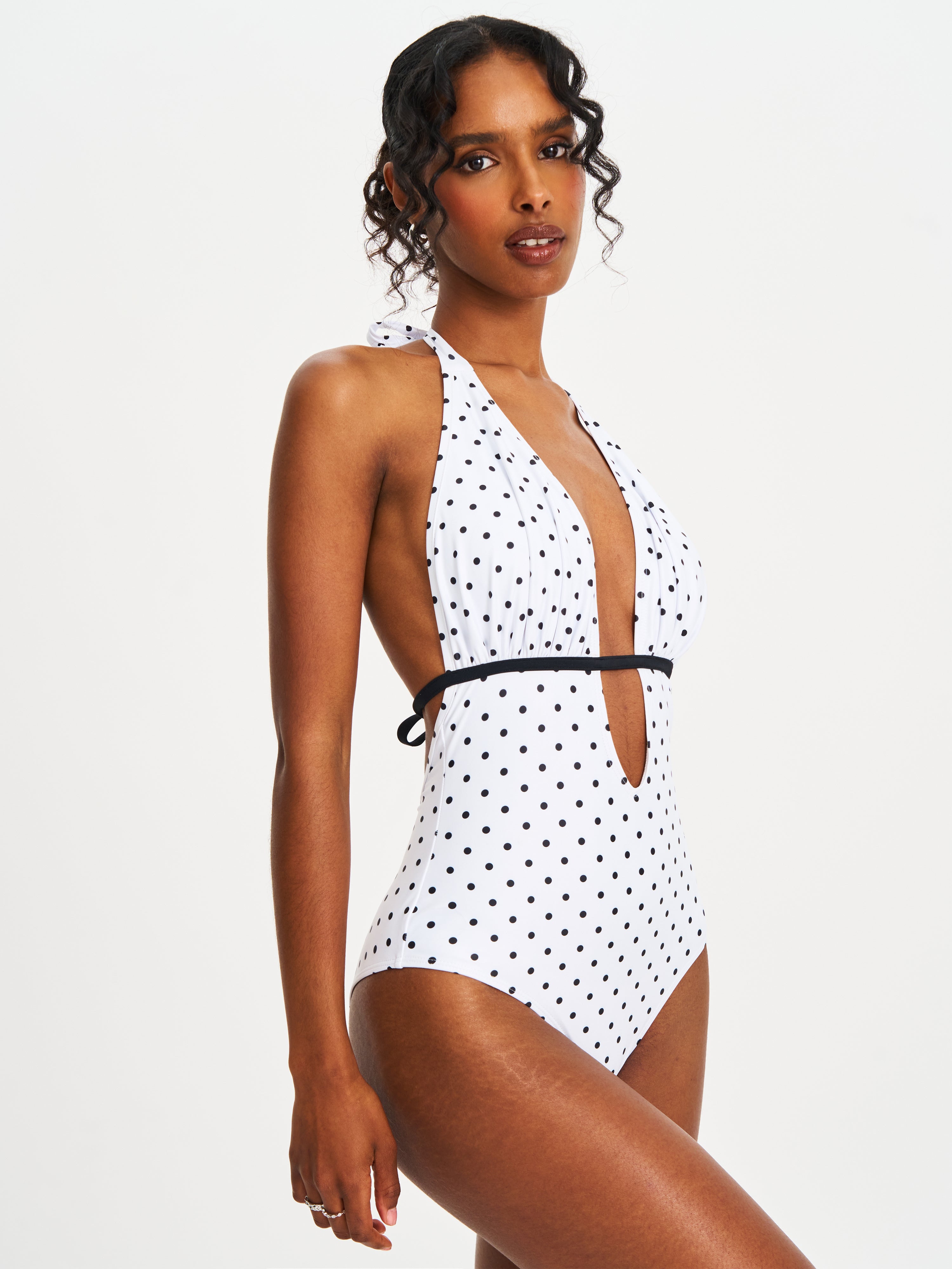 Olive White Base Polka Dot Ruched Breast Halter Backless Swimsuit