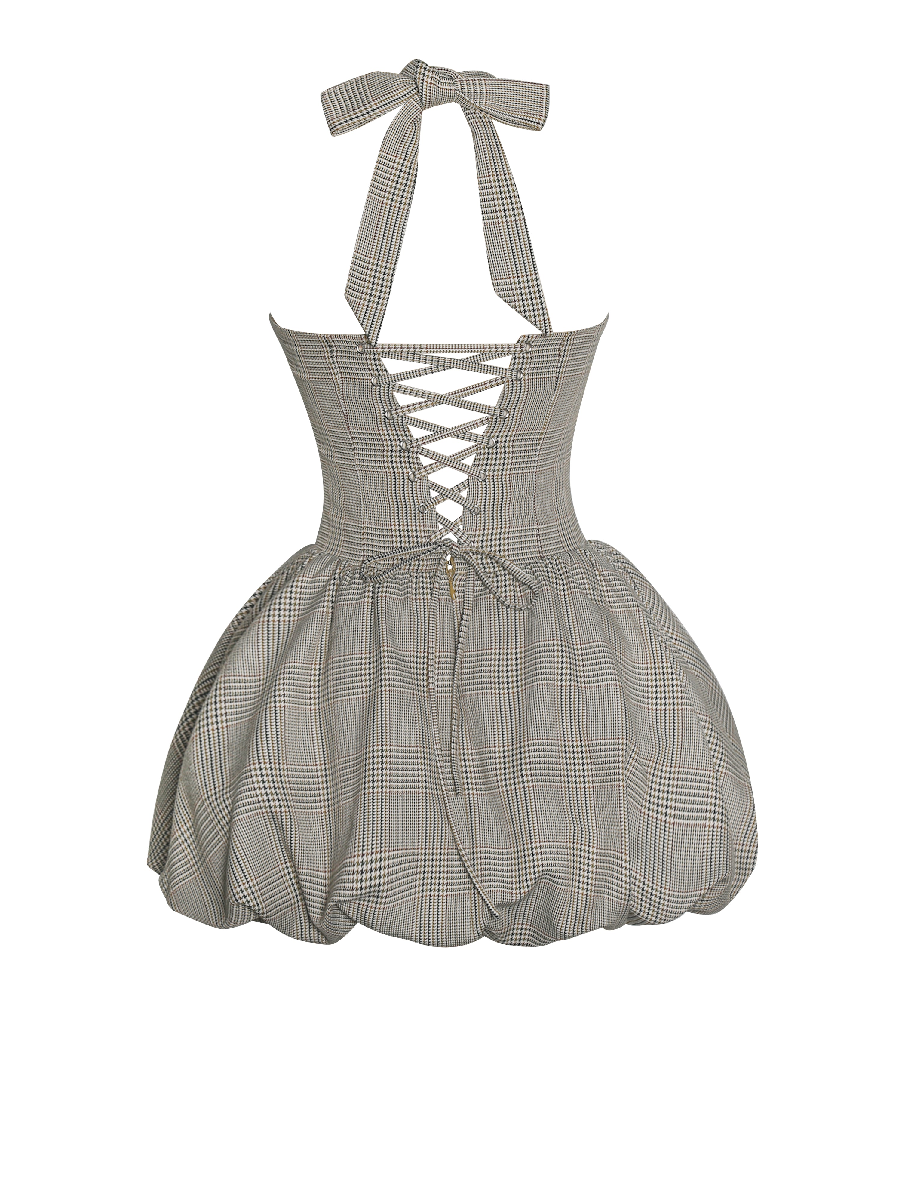 Dacia Plaid Halter Lace-up Bubble Mini Dress