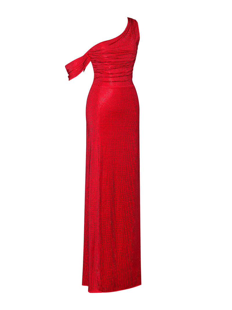 Paget Red Mesh Rhinestone Embellished High Slit Gown