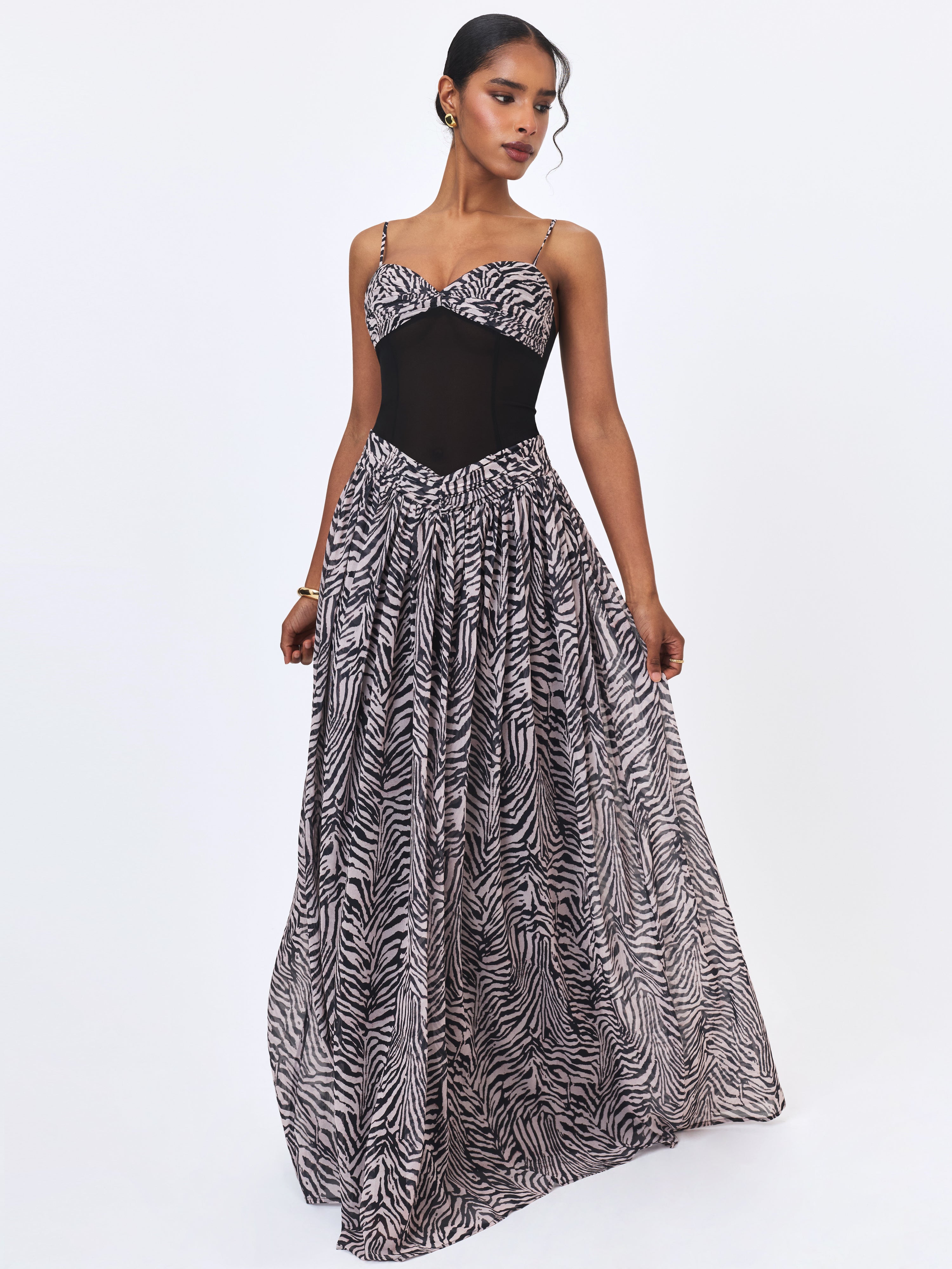 Onora Zebra Print Chiffon Dipped Waist Maxi Dress