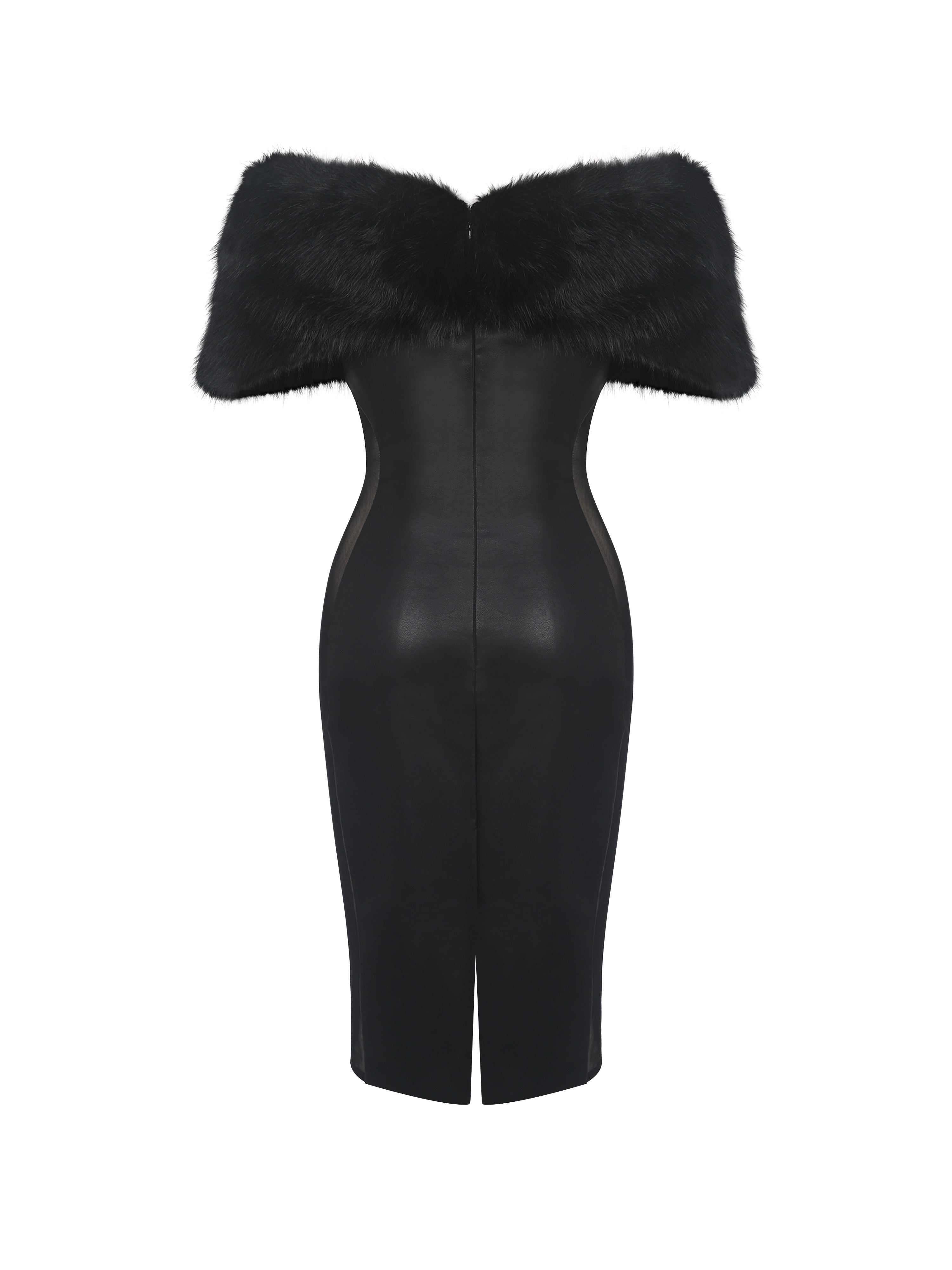 Bellis Black Fur Trim Mesh Panel Off-Shoulder Midi Dress