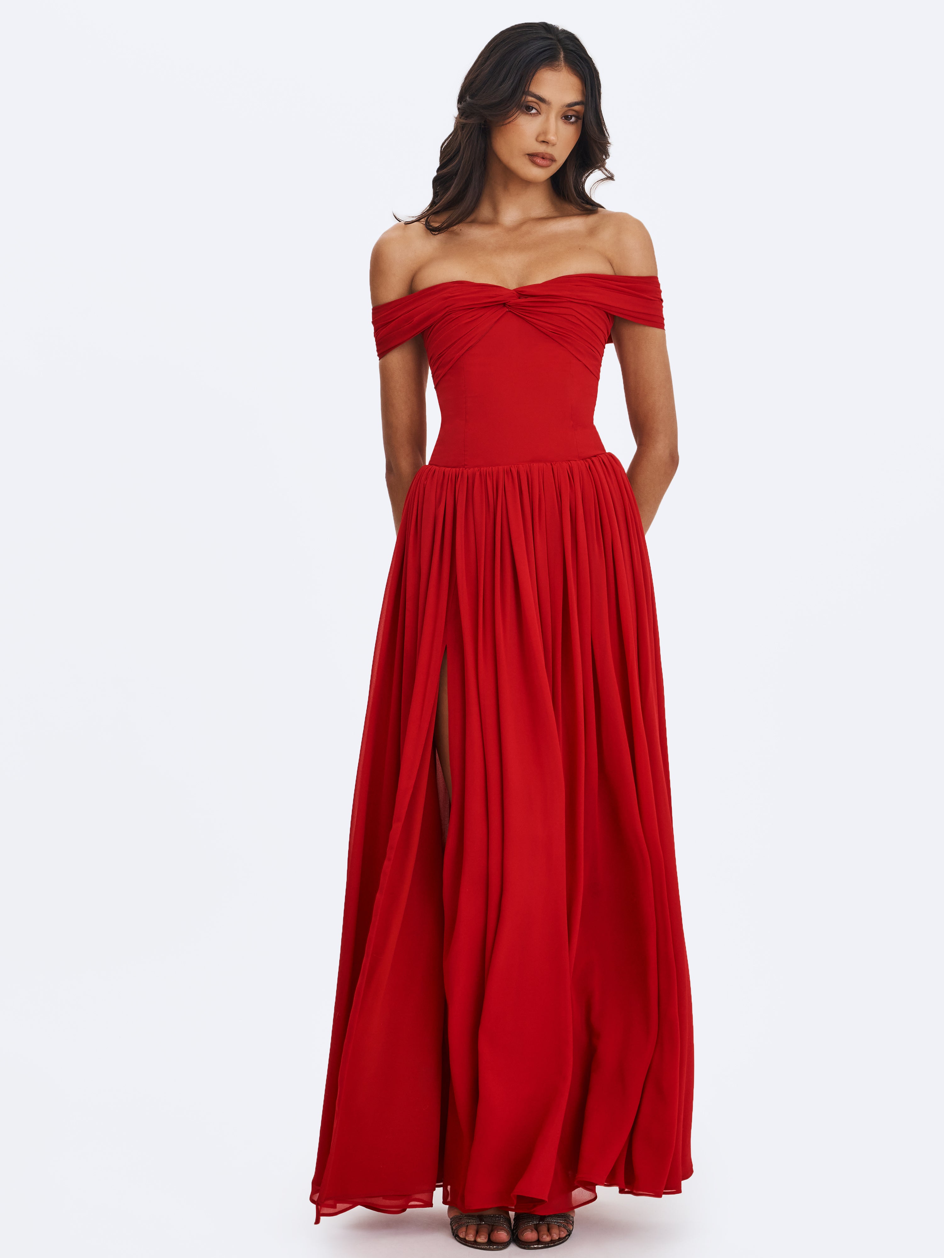 Tereza Crimson Georgette Bardot High-Slit Maxi Dress