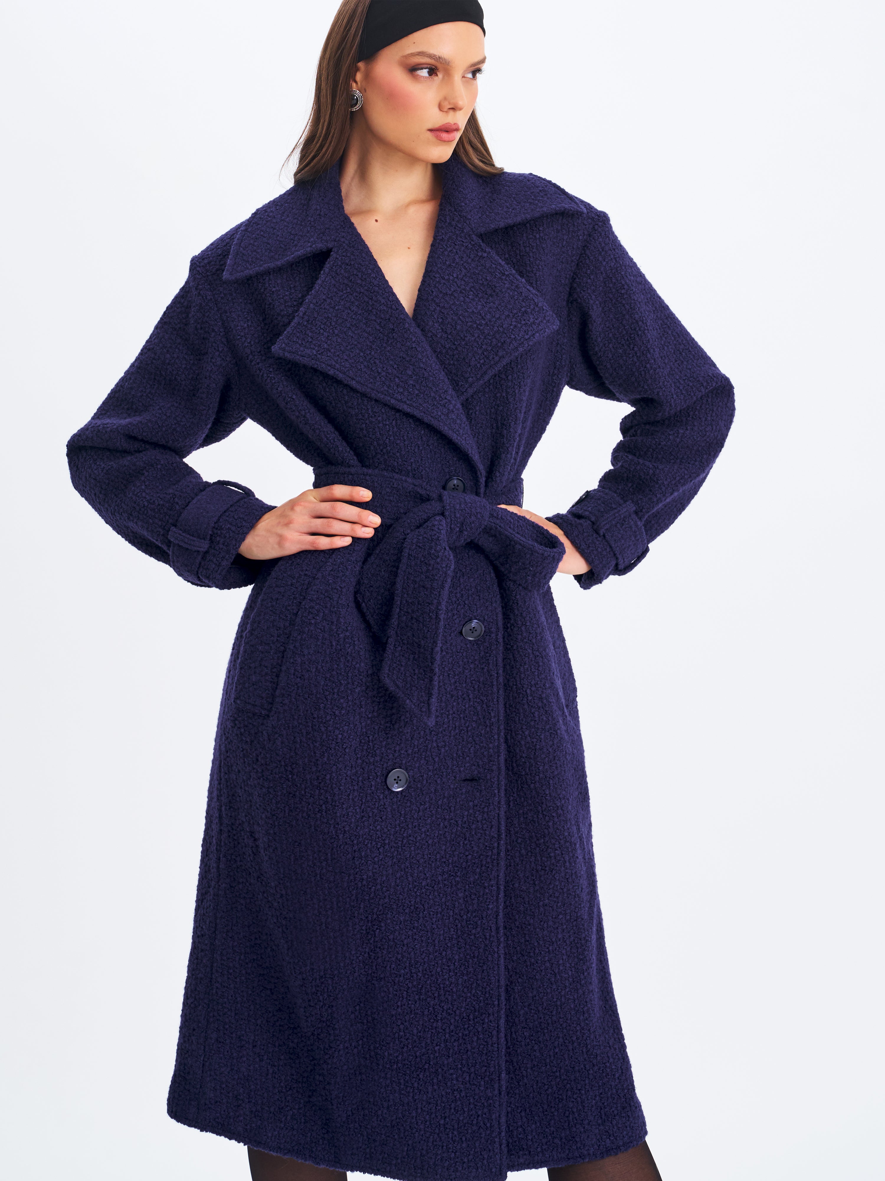Jaelyn Midnight Blue Wool Blend Double-Breasted Belted Coat