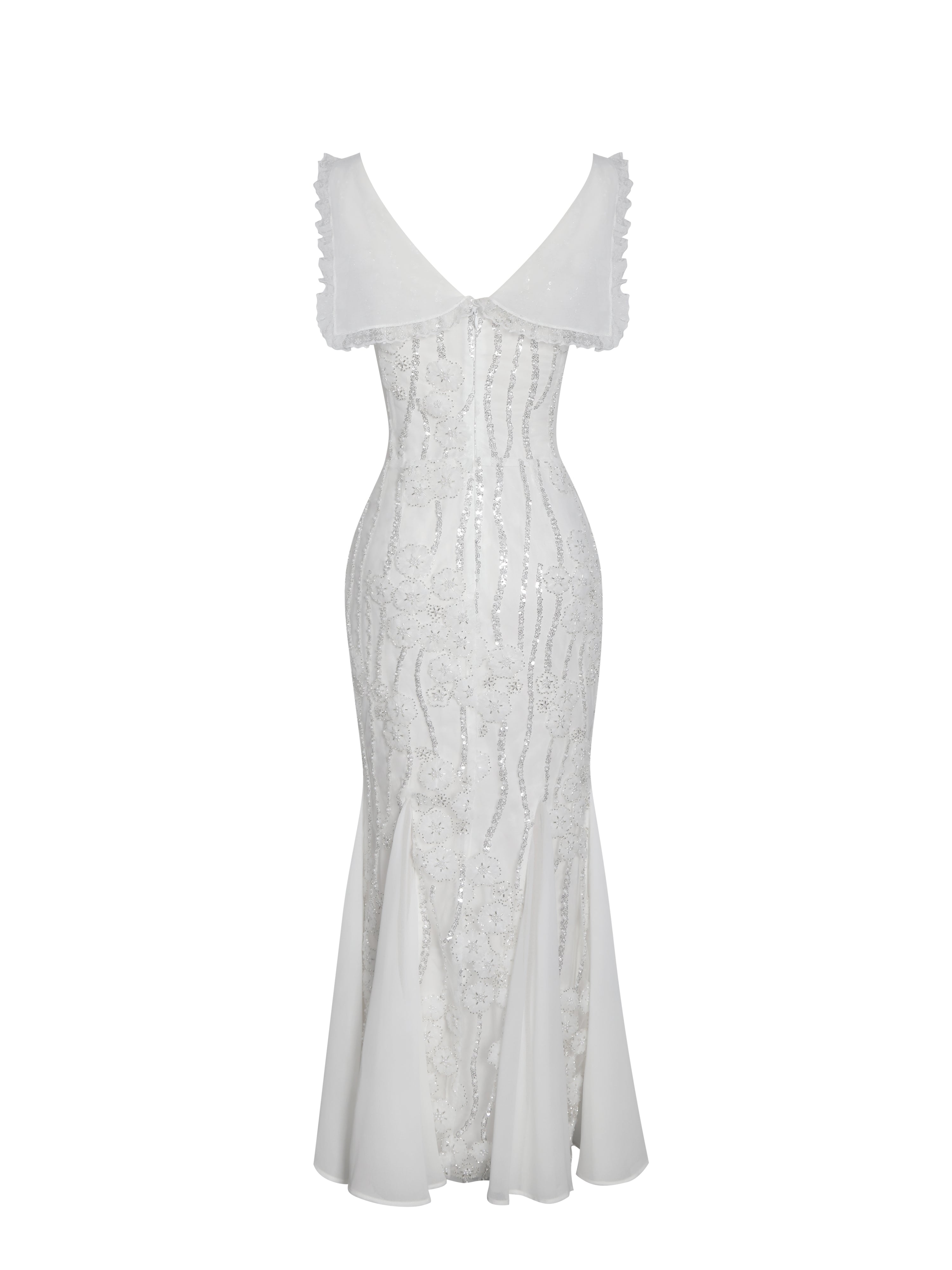 Paola White Peter Pan Collar Beaded Sequin Mermaid Midi Dress