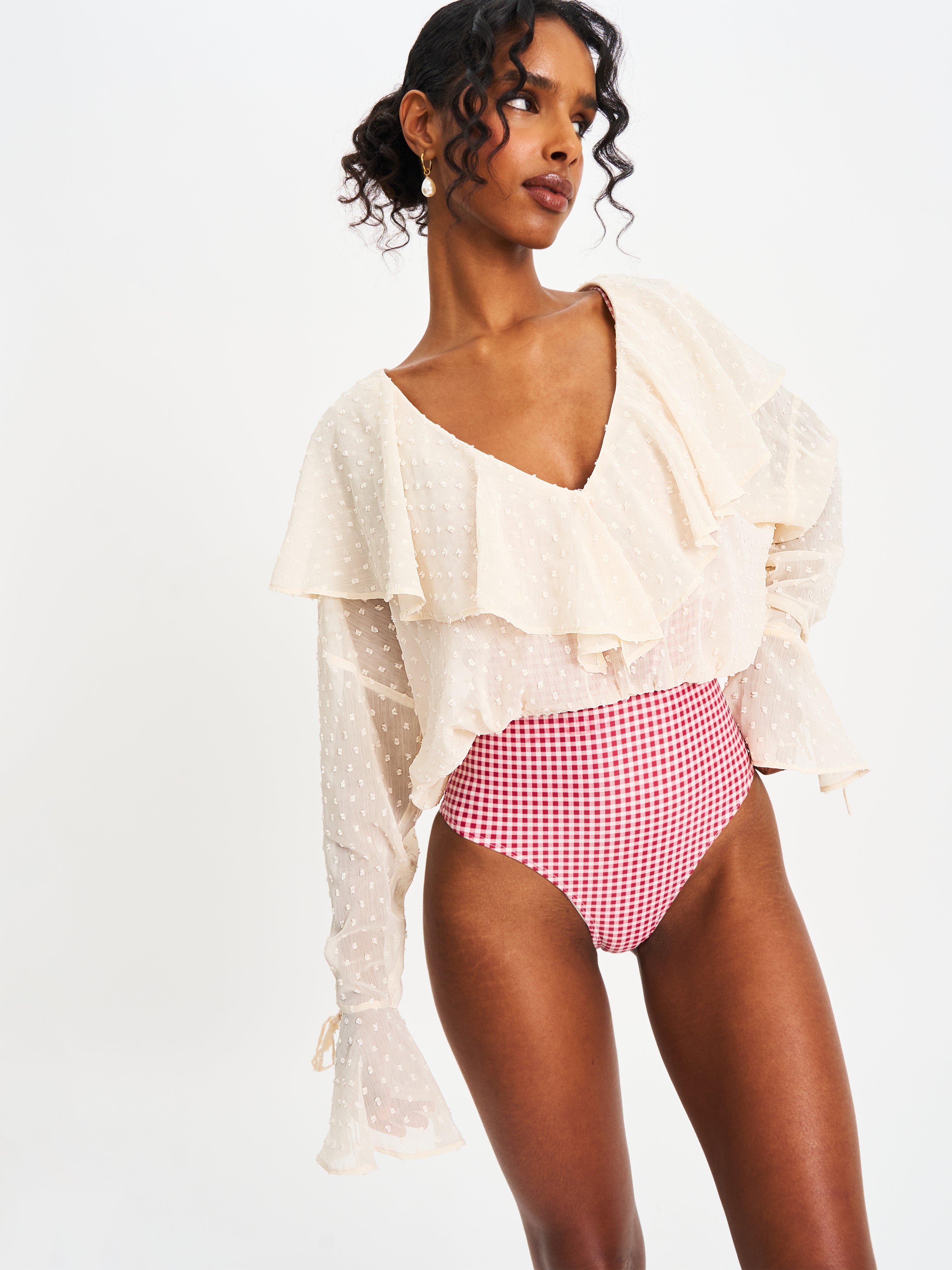 Magali Beige Dotted Mesh Ruffle V Collar Top