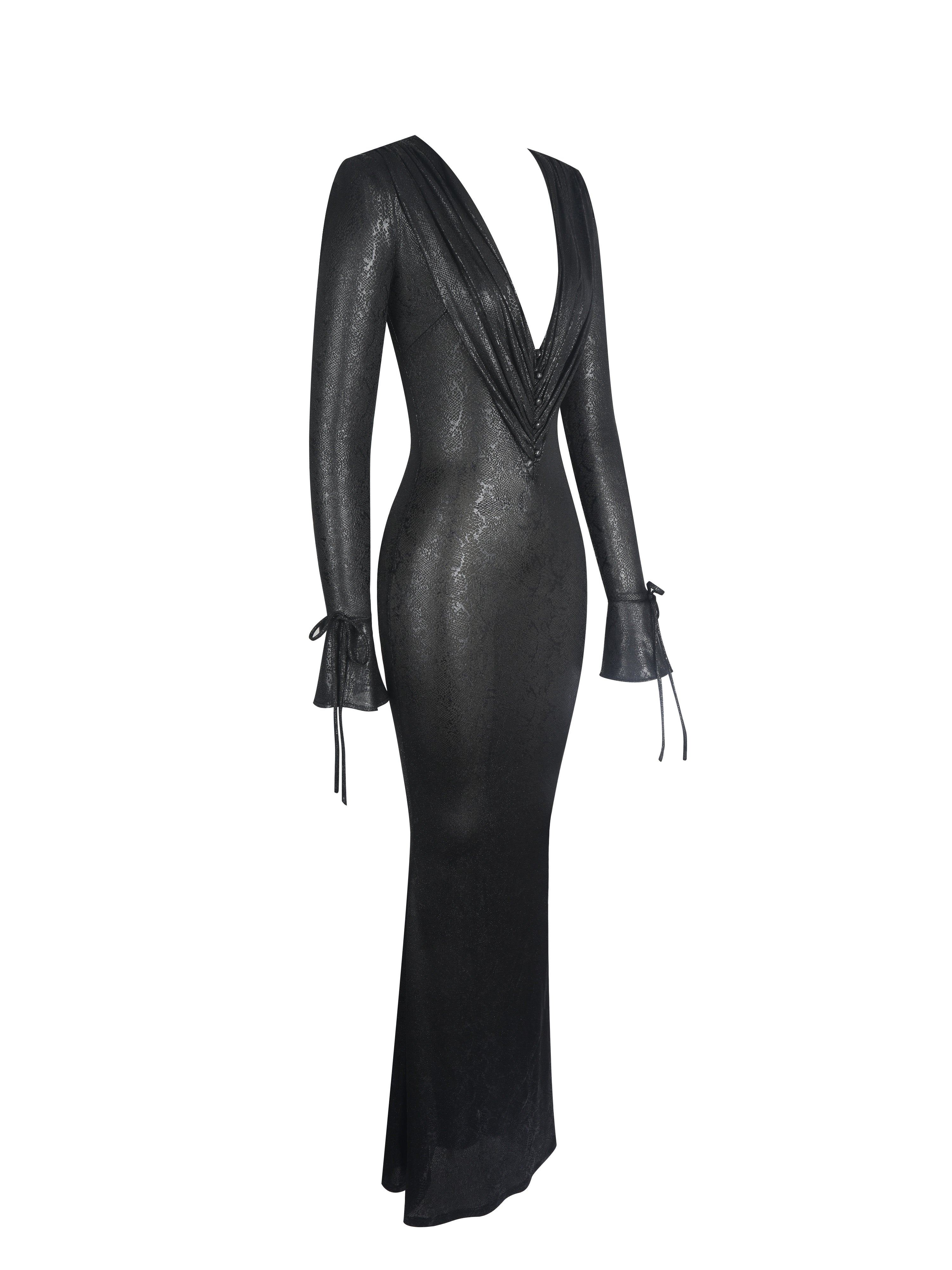 Ilysia Black V-Neck Plunge Snakeskin Mermaid Hem Maxi Dress