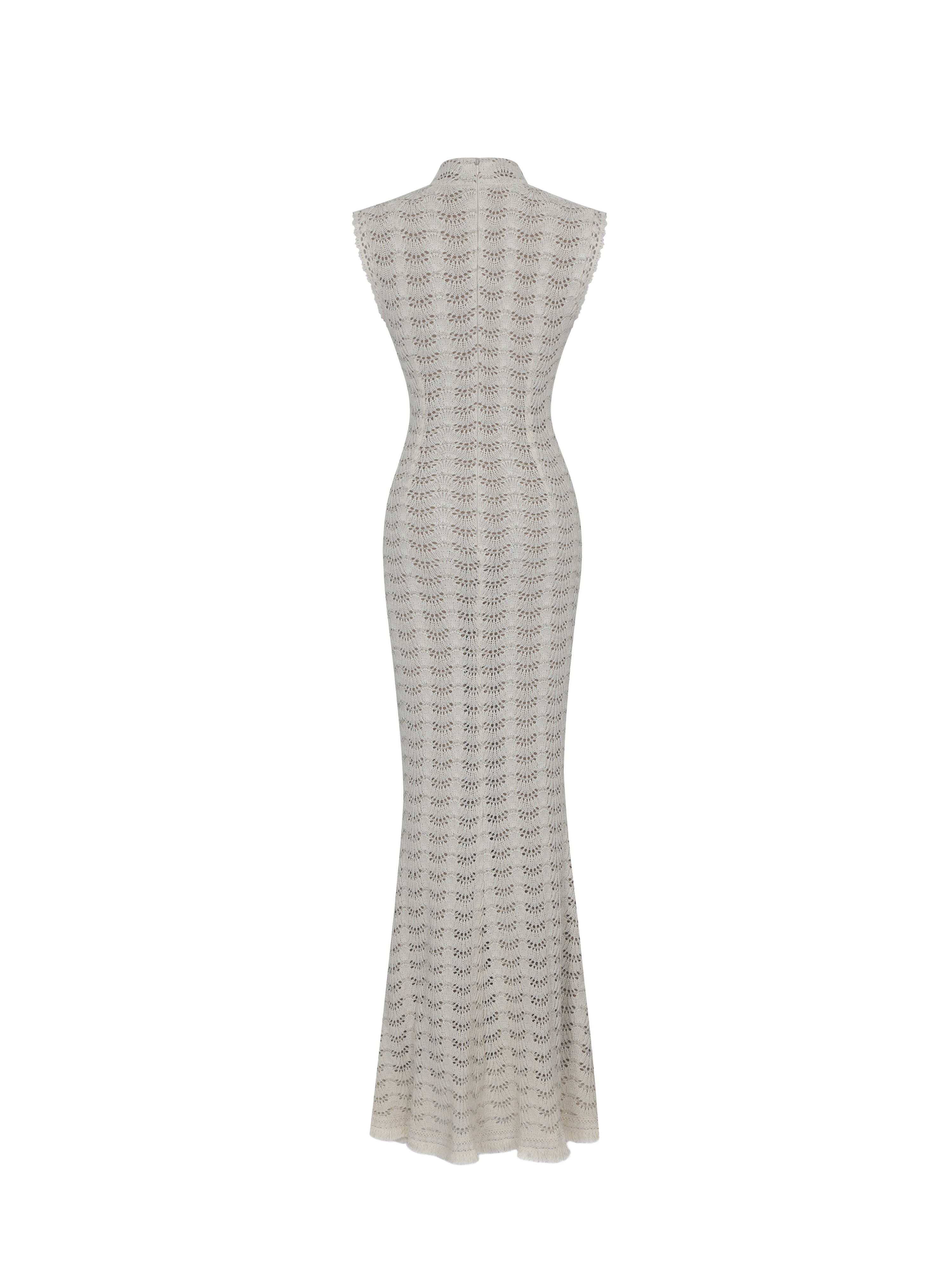Xylona Beige & Gold Crochet Teardrop Neckline Mermaid Maxi Dress