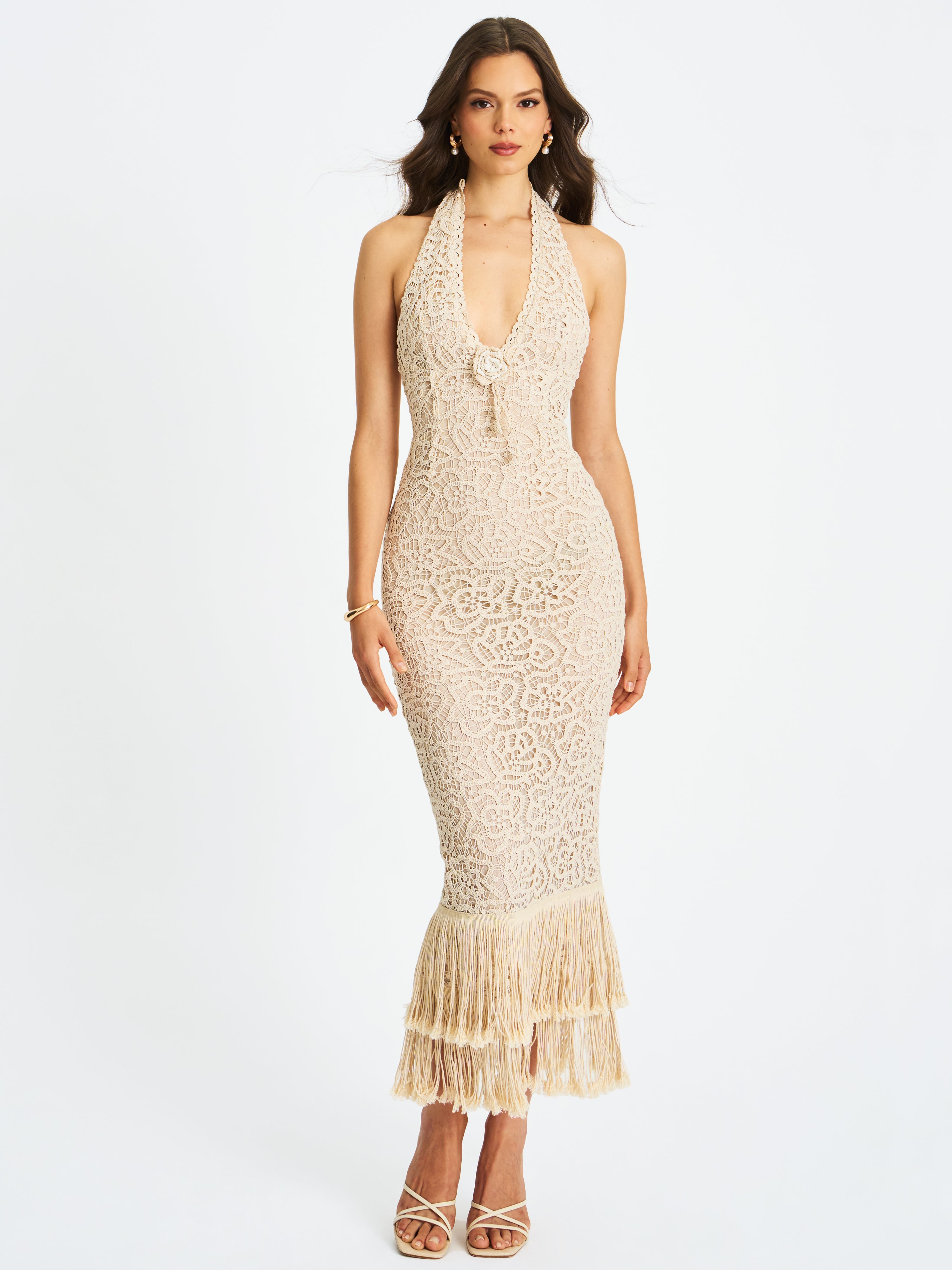 Faelyn Off-White Double Fringe Crochet Halter Maxi Dress
