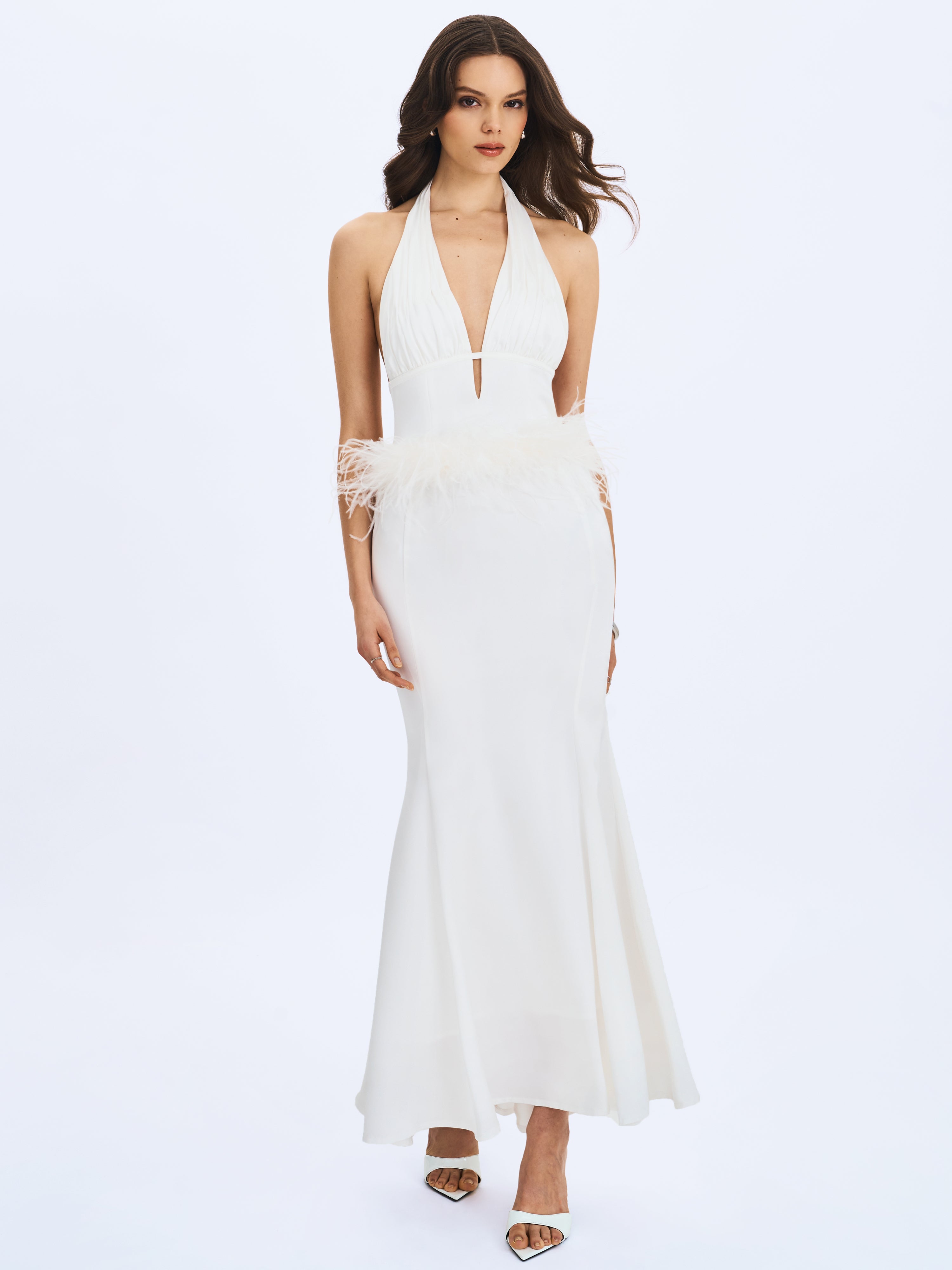 Solene Pleated Halter Backless Feather-Trim Maxi Dress