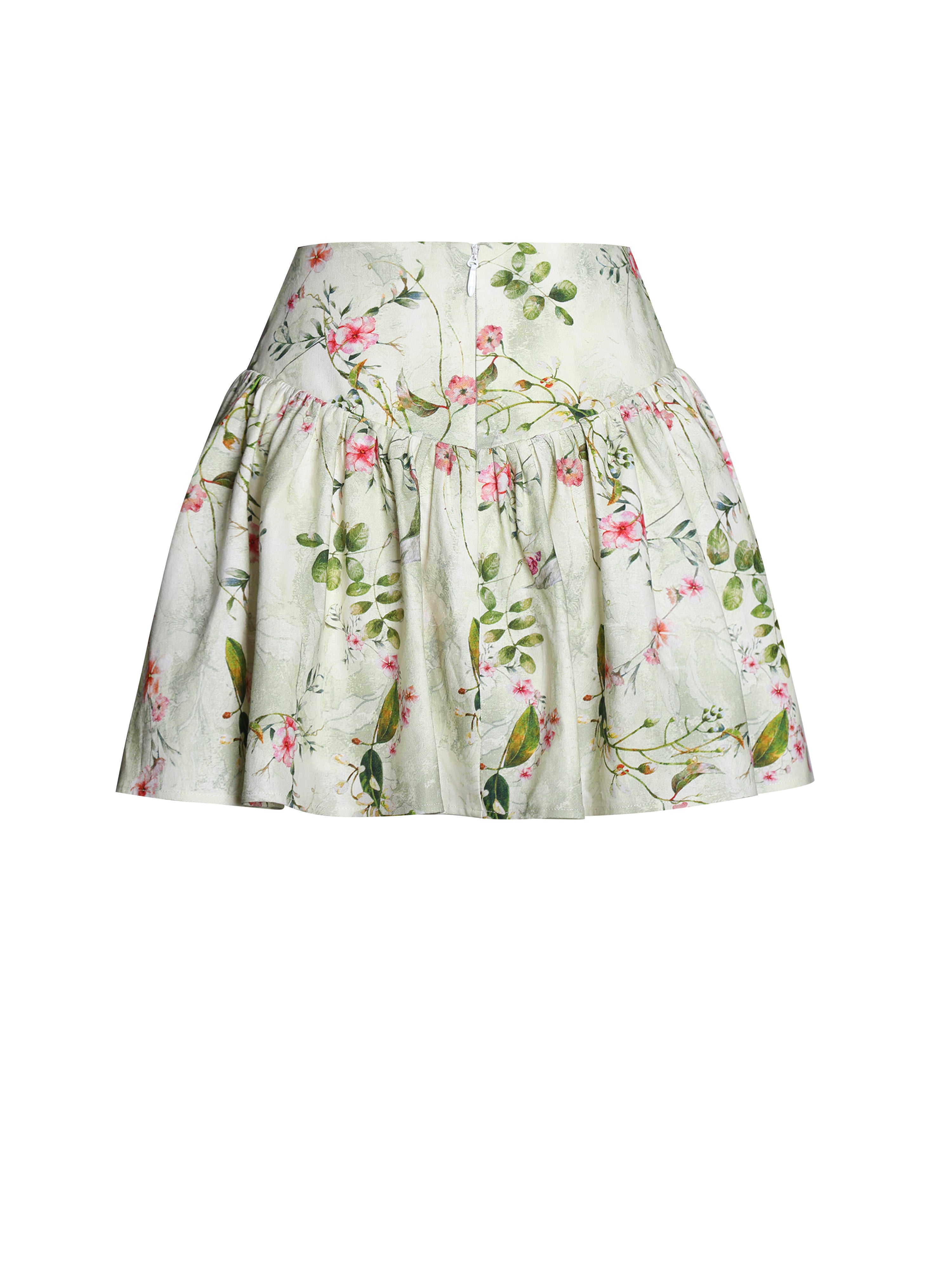 Zanelle Green Floral Print Drop Waist Linen Full Skirt