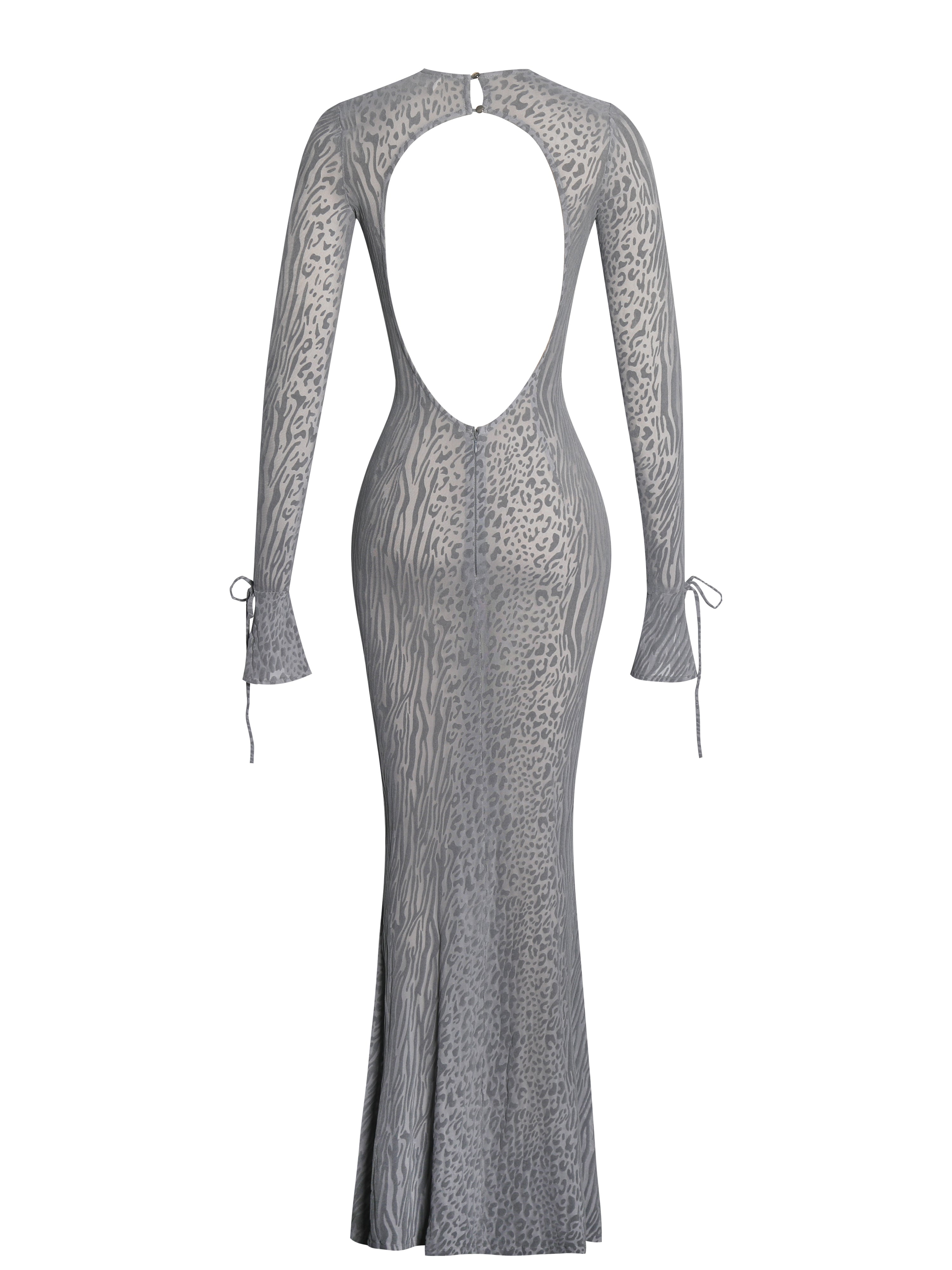 Waylynn Gray Animal Print Burnout Velvet Detail Mesh Backless Maxi Dress