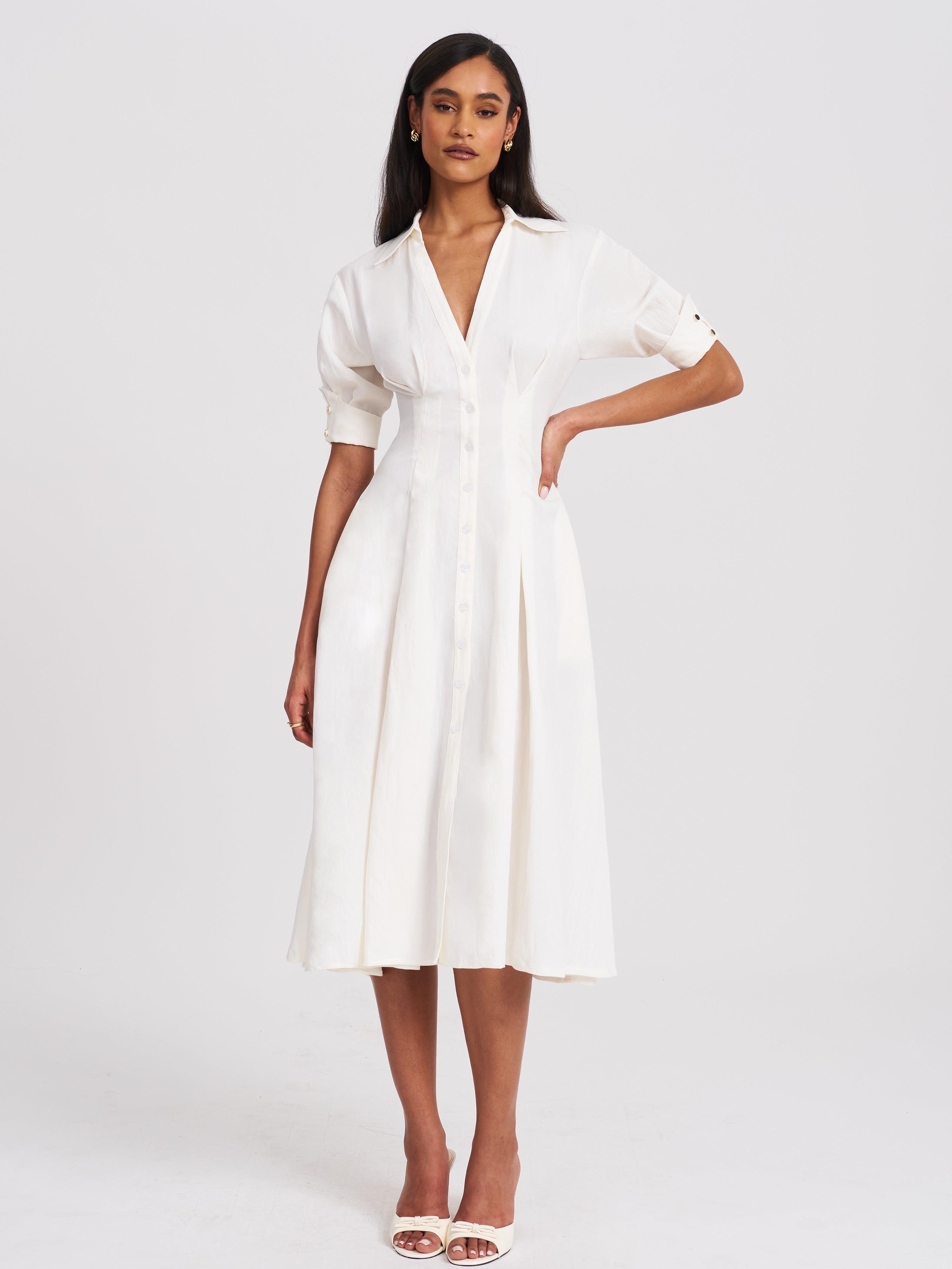 Palina Lyocell Pleated Midi Preppy Shirt Dress