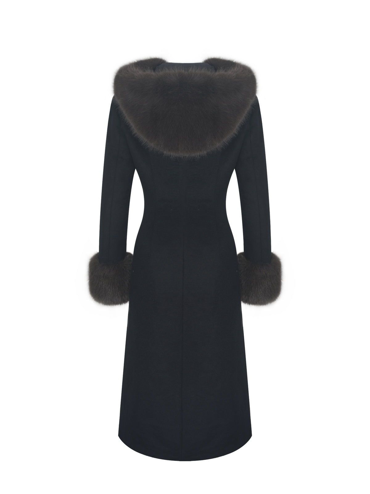 Sloan Black Wool Blend Sculpted Midi Coat with Fur Hood