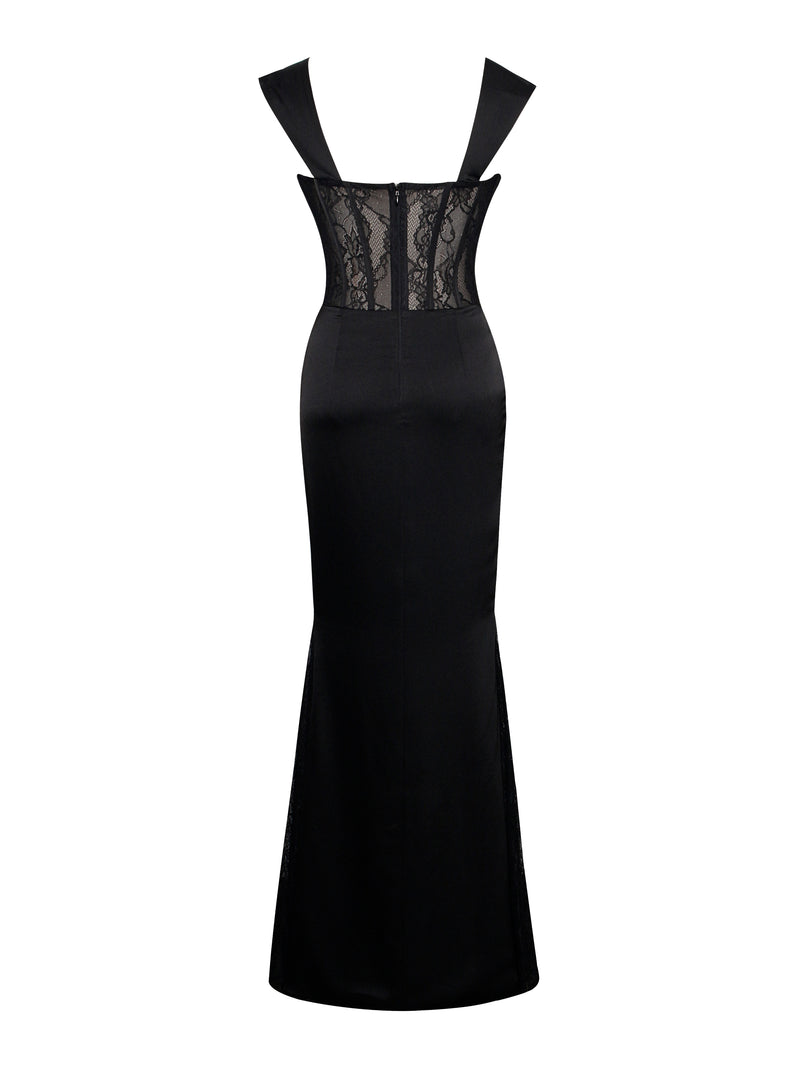 Callista Black Satin Lace Corset Maxi Dress