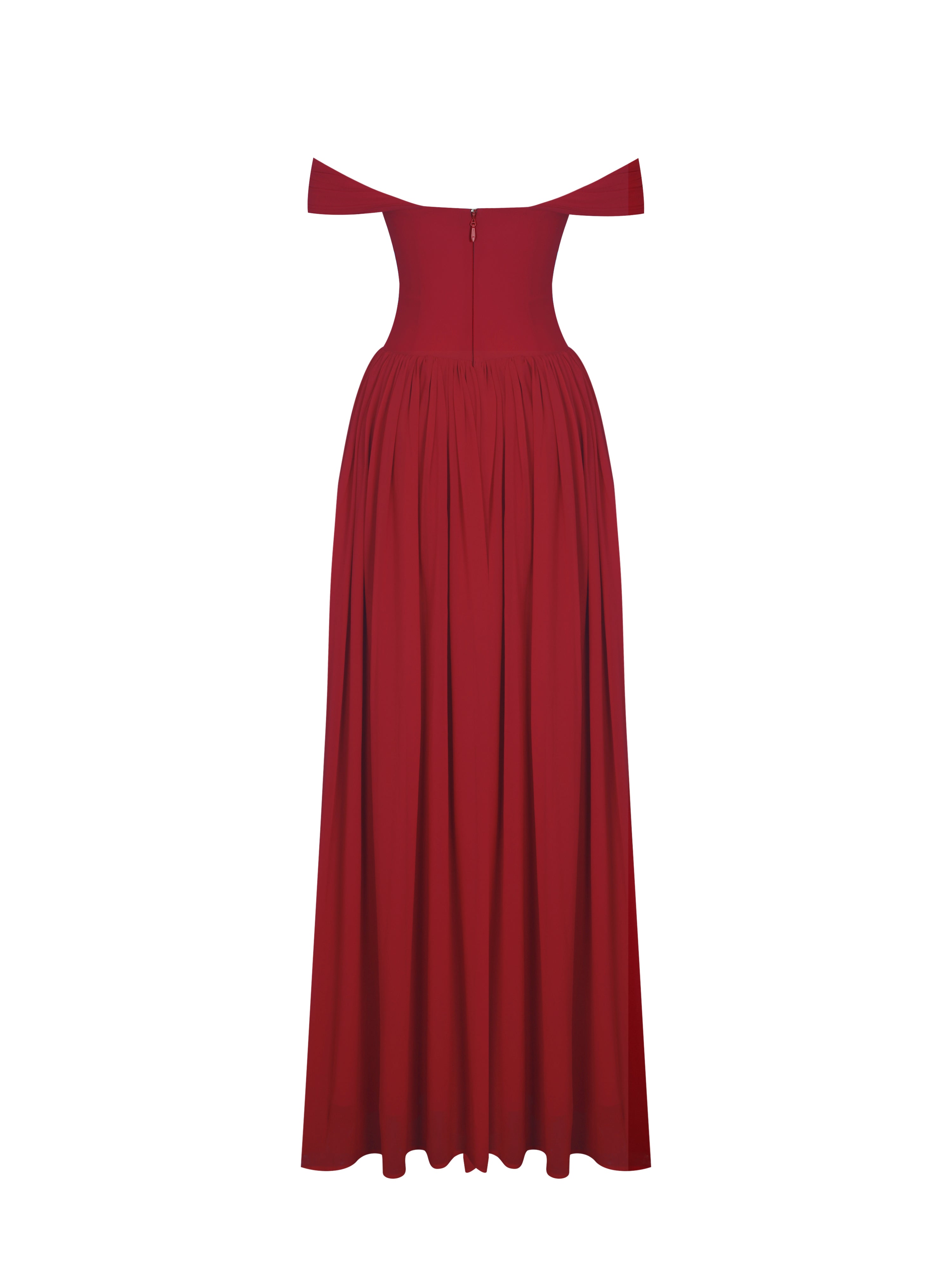 Tereza Crimson Georgette Bardot High-Slit Maxi Dress