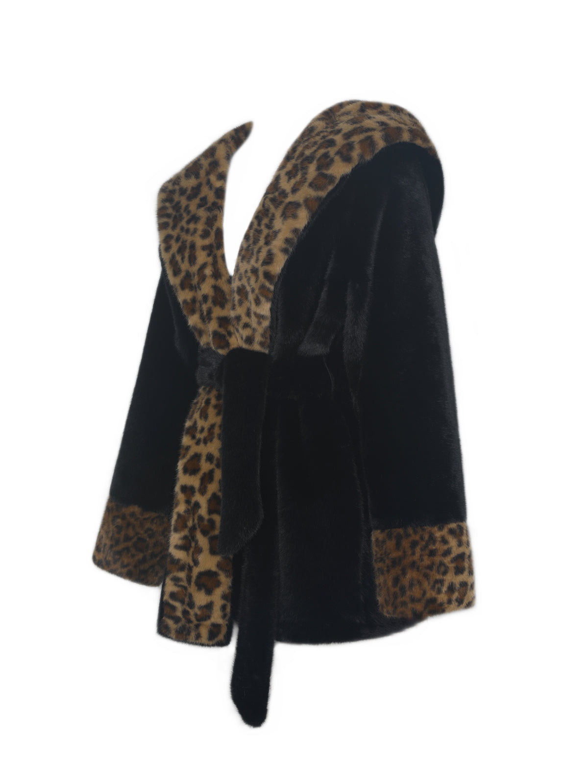 Bianca Black Faux Fur Cheetah Print Oversized Hood Mini Coat