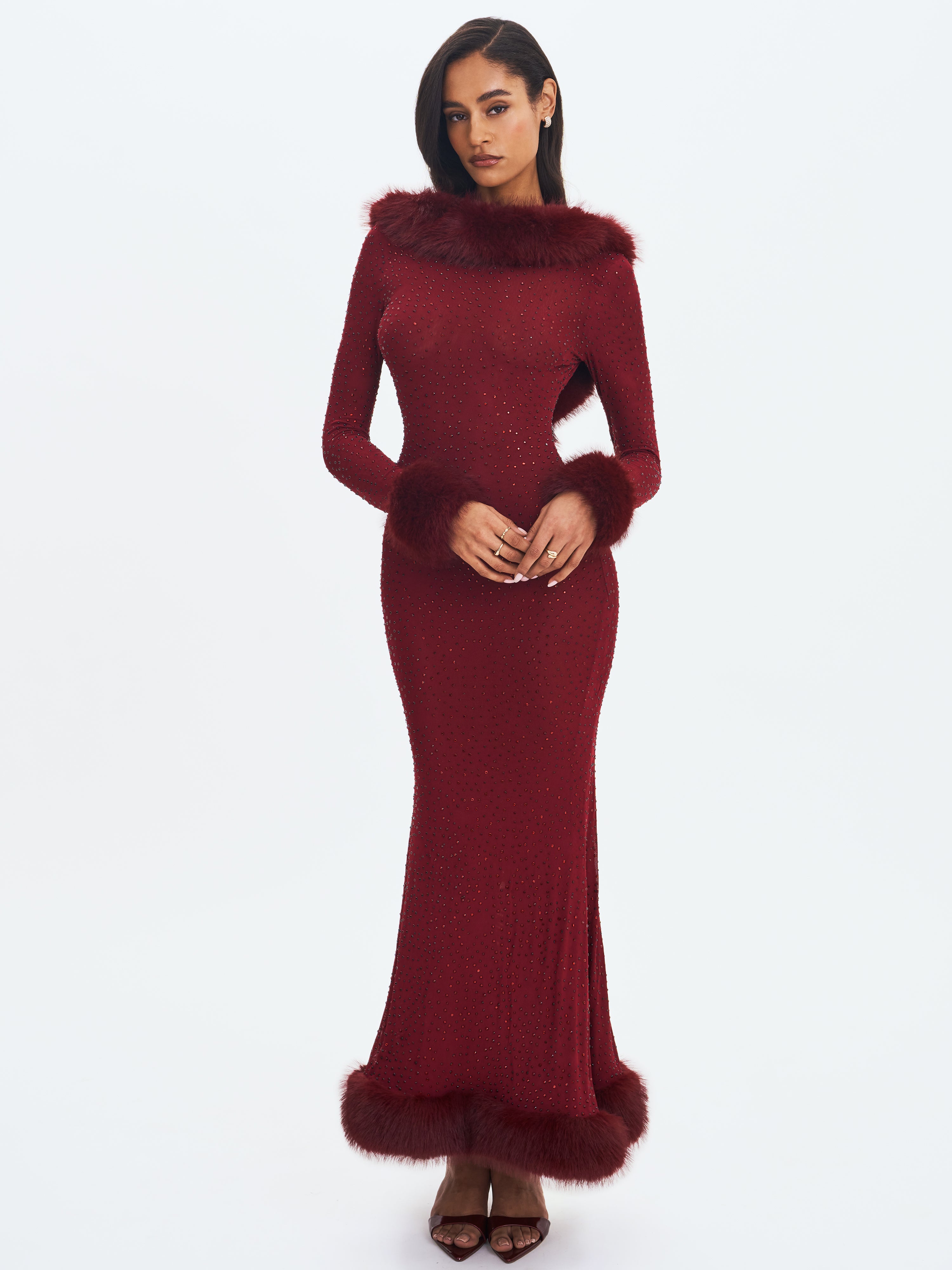 Melrose Burgundy Petite-Length Rhinestone Mesh Low Back Mermaid Dress