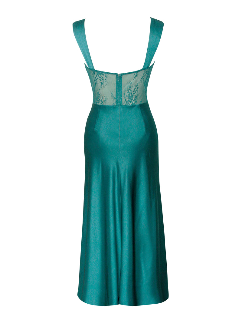 Perley Teal Satin and Lace Midi Dress