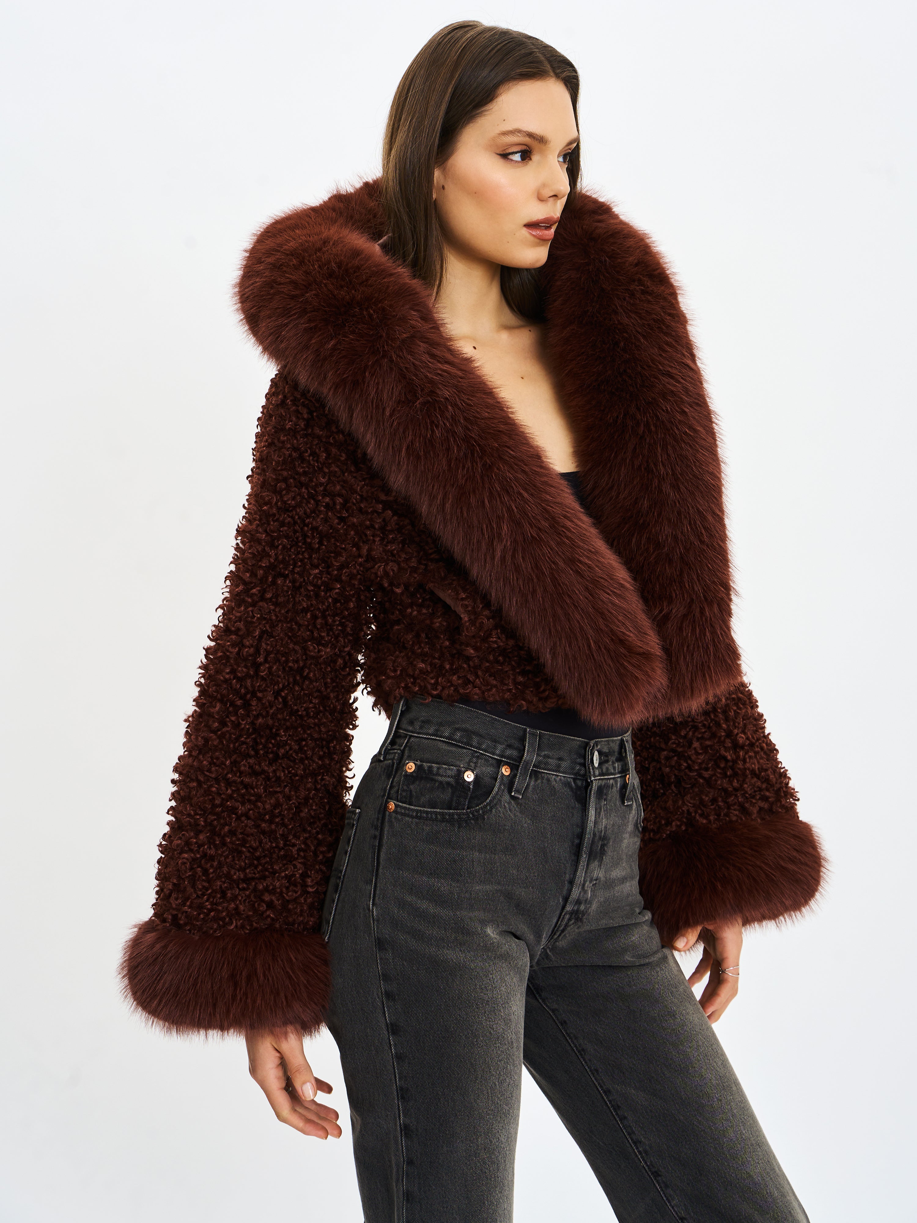 Kali Mahogany Cropped Vegan Shearling Fur Jacket