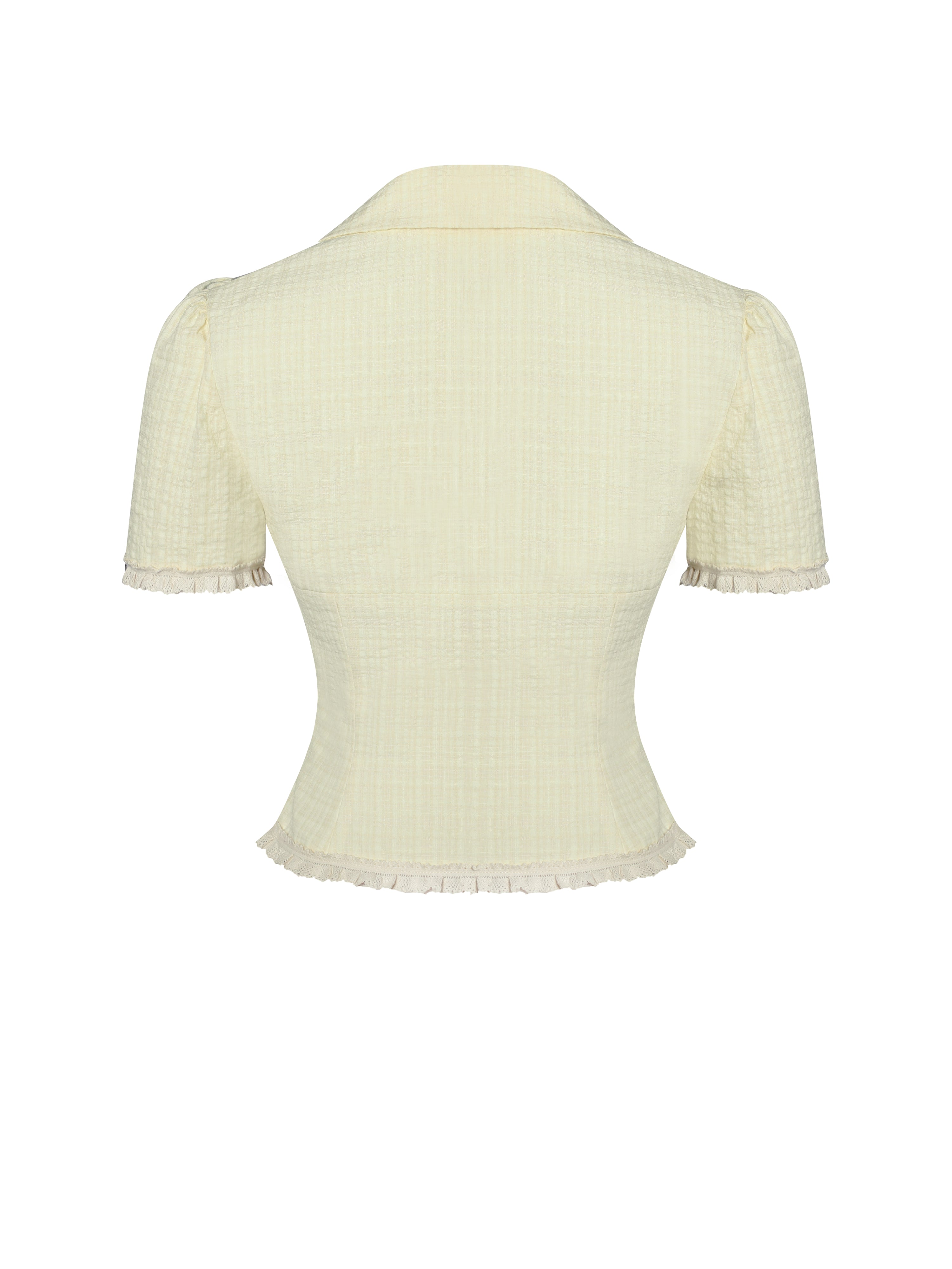 Odelia Yellow Lace Trim Seersucker Button Up Top