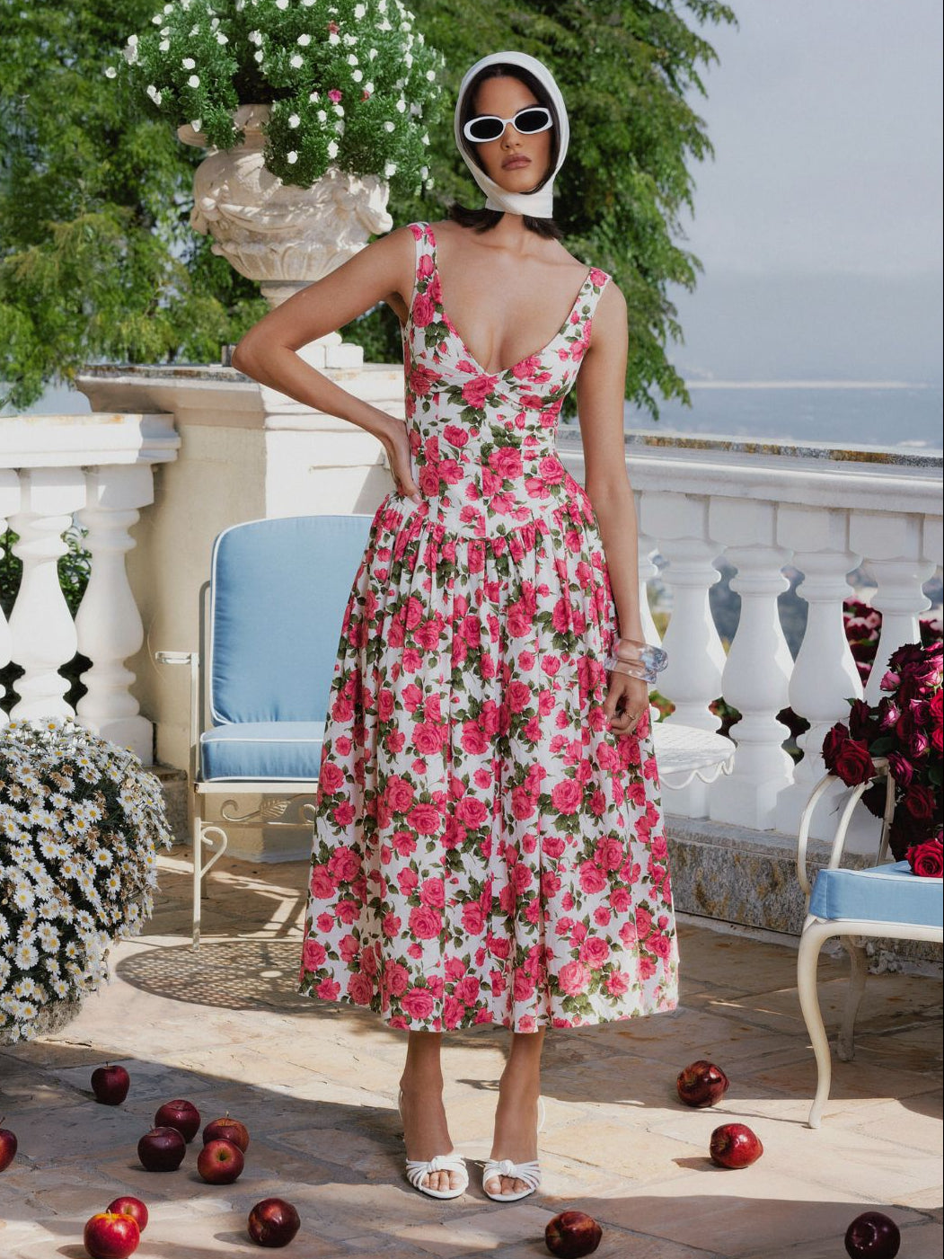 Wilfreda Blooming Pink Floral Linen Sweetheart Midi Dress