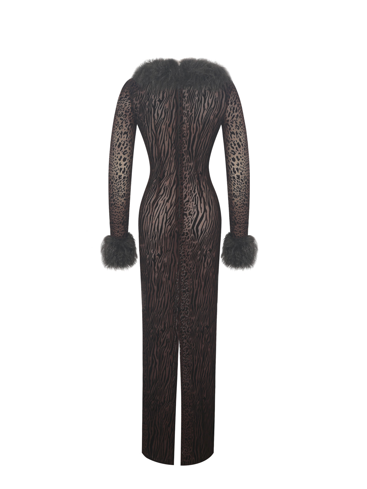 Luana Brown Plunging Fur Trimmed Burnout Mesh Maxi Dress