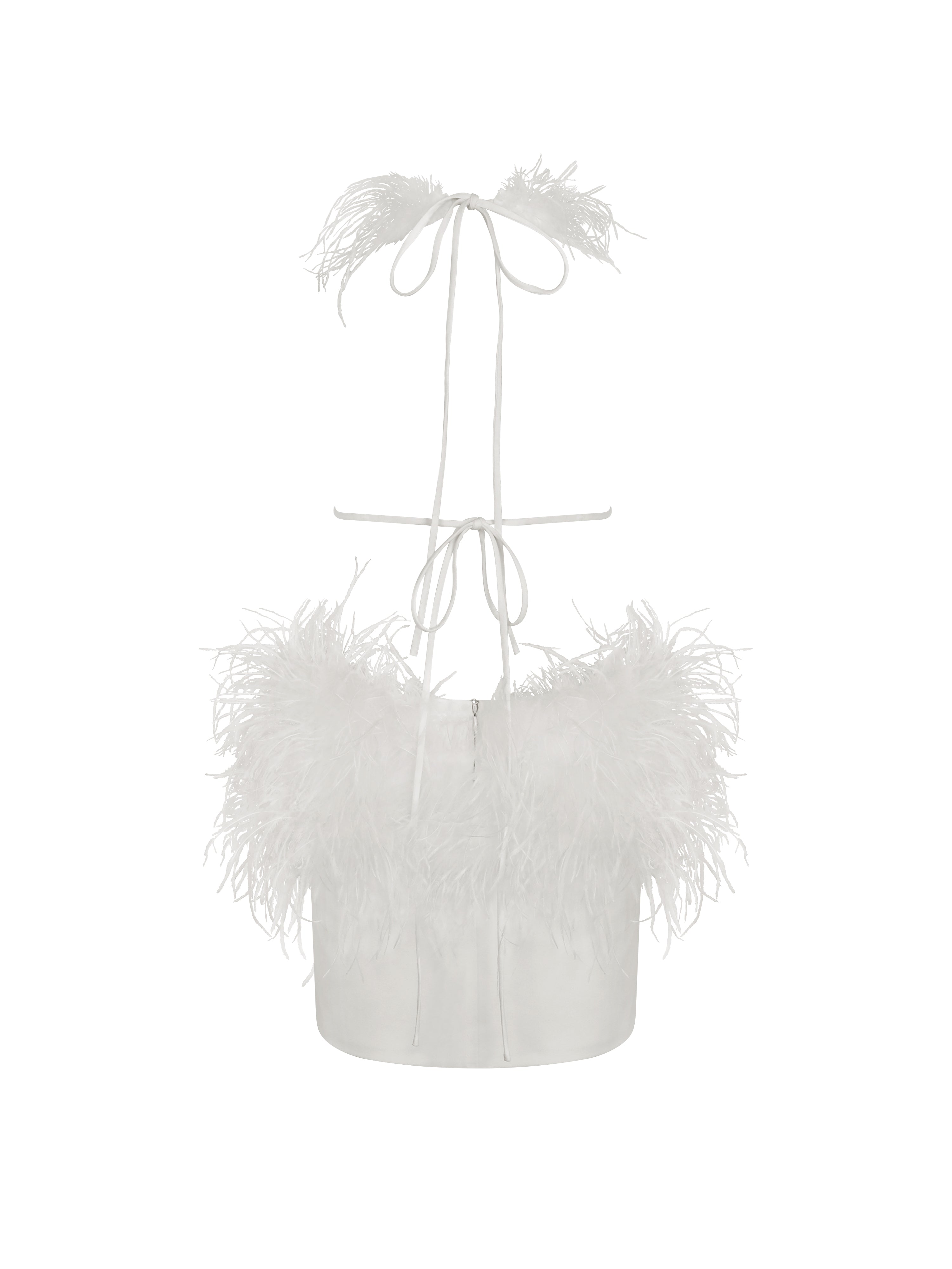 Quisten White Feathered Plunging Halter Mini Dress