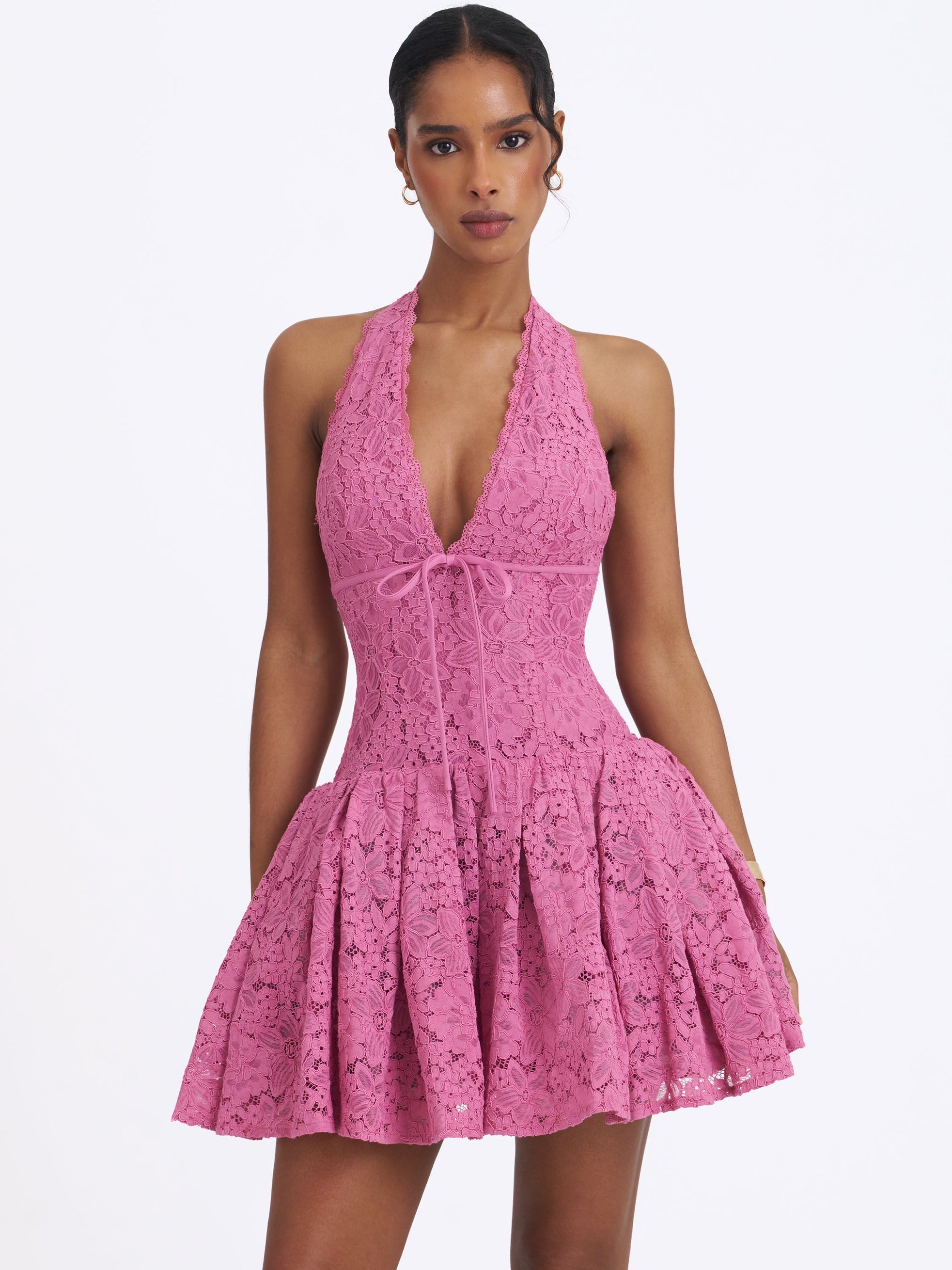 Miss Circle Karla Lace Drop Waist Halter Mini Dress - Magenta