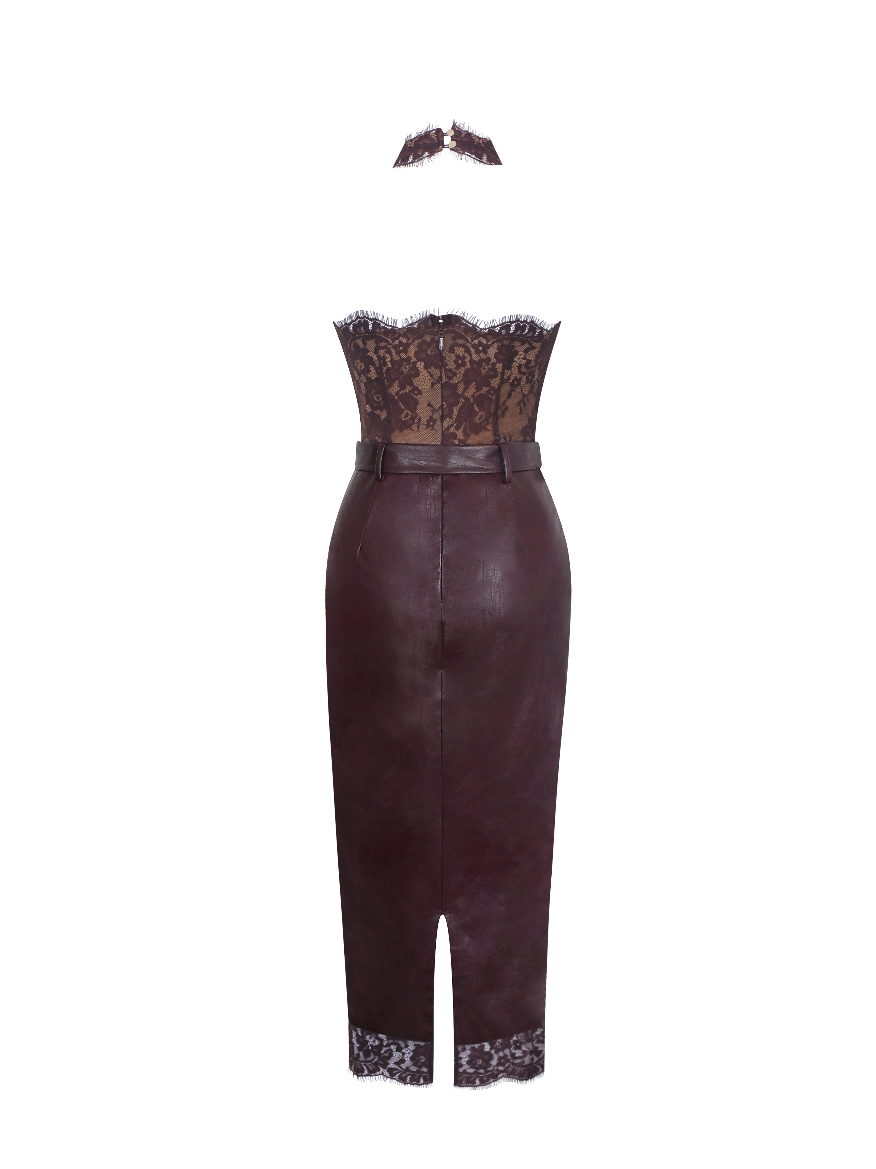 Fiera Mahogany Plunging Halter Belted Midi Dress