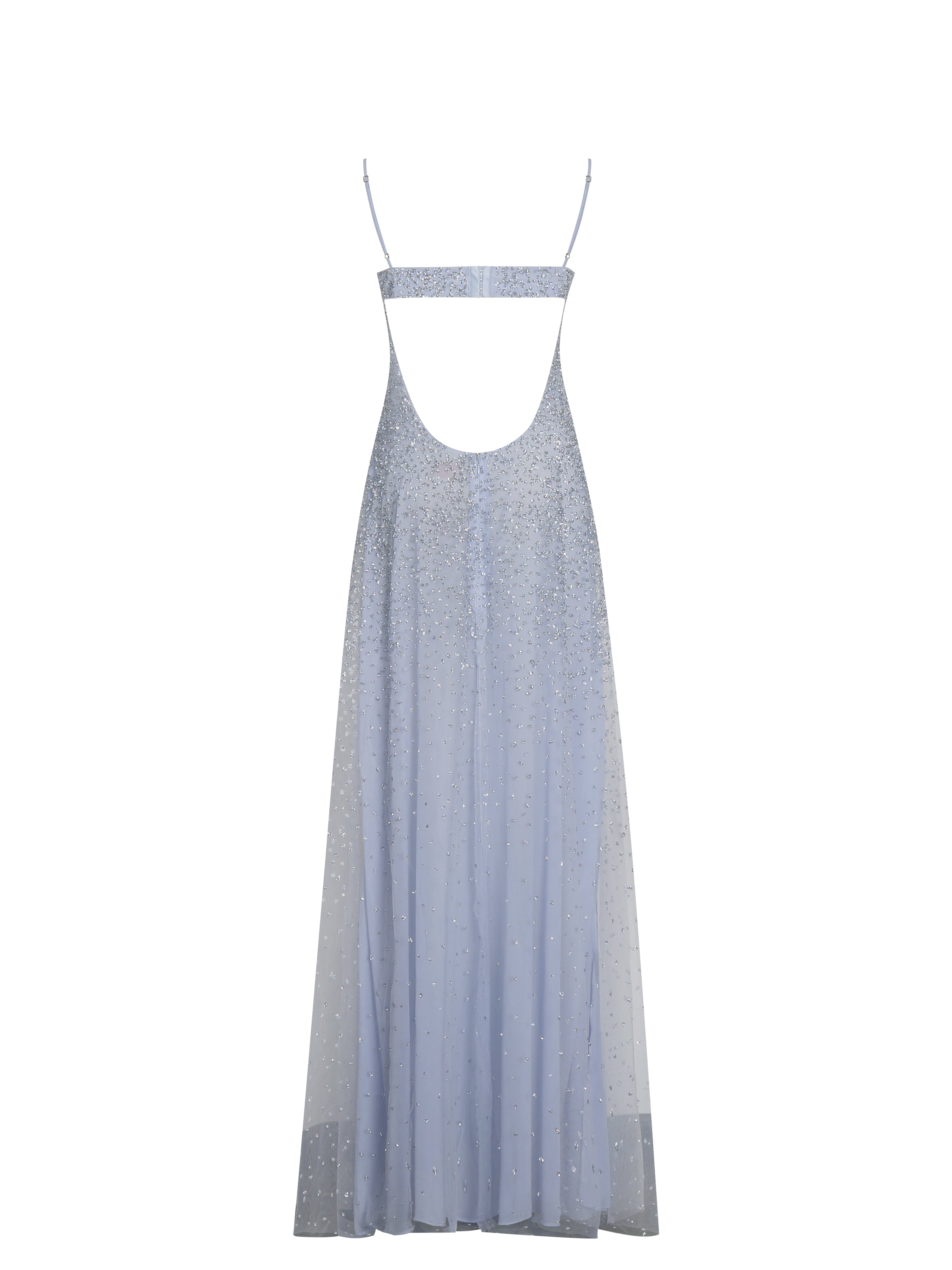 Wallie Baby Blue Rhinestone Embellished Mesh Backless Gown