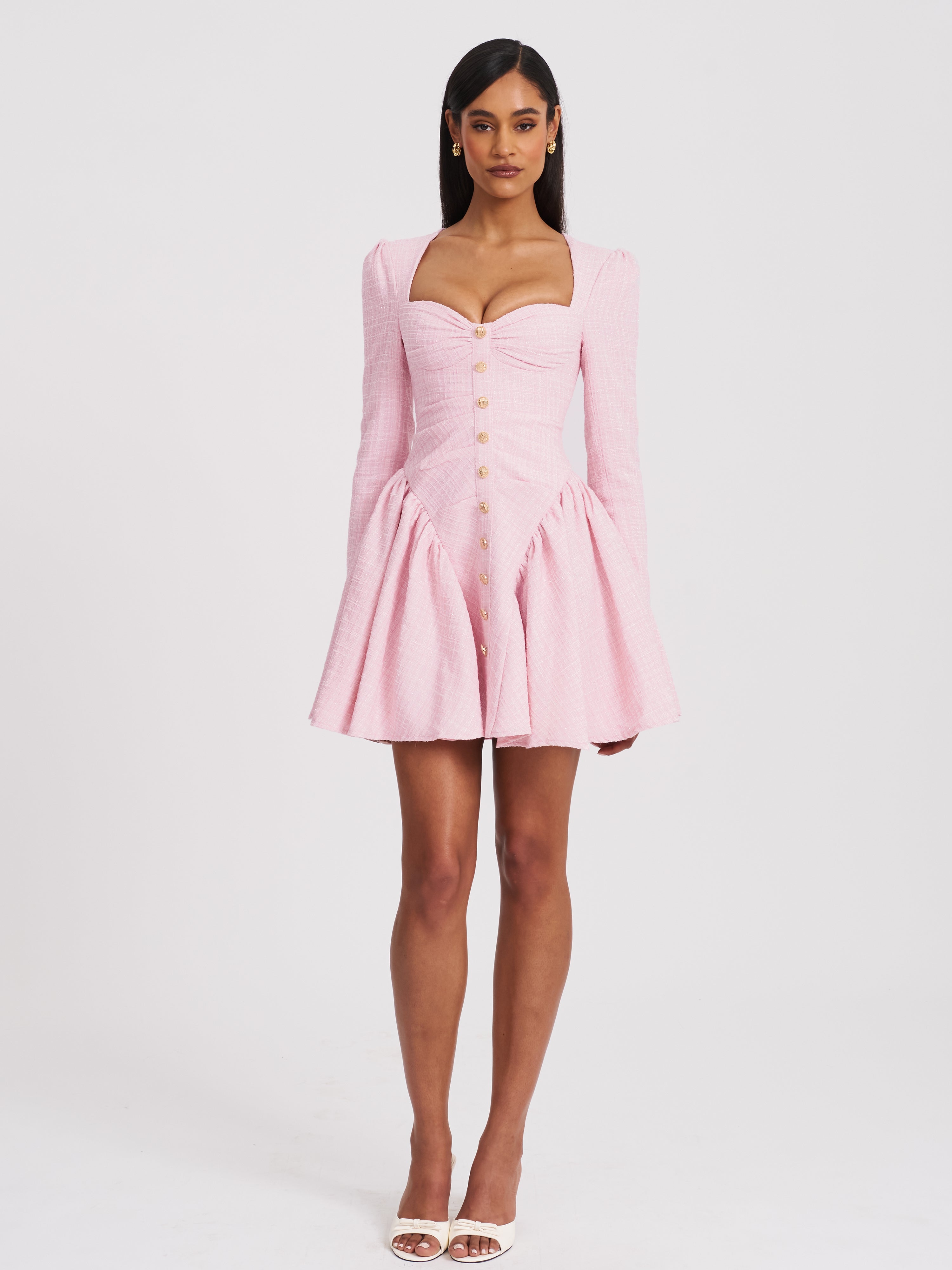 Tae Pink Tweed Long Sleeve Drop Waist Mini Dress (Archive Sale)