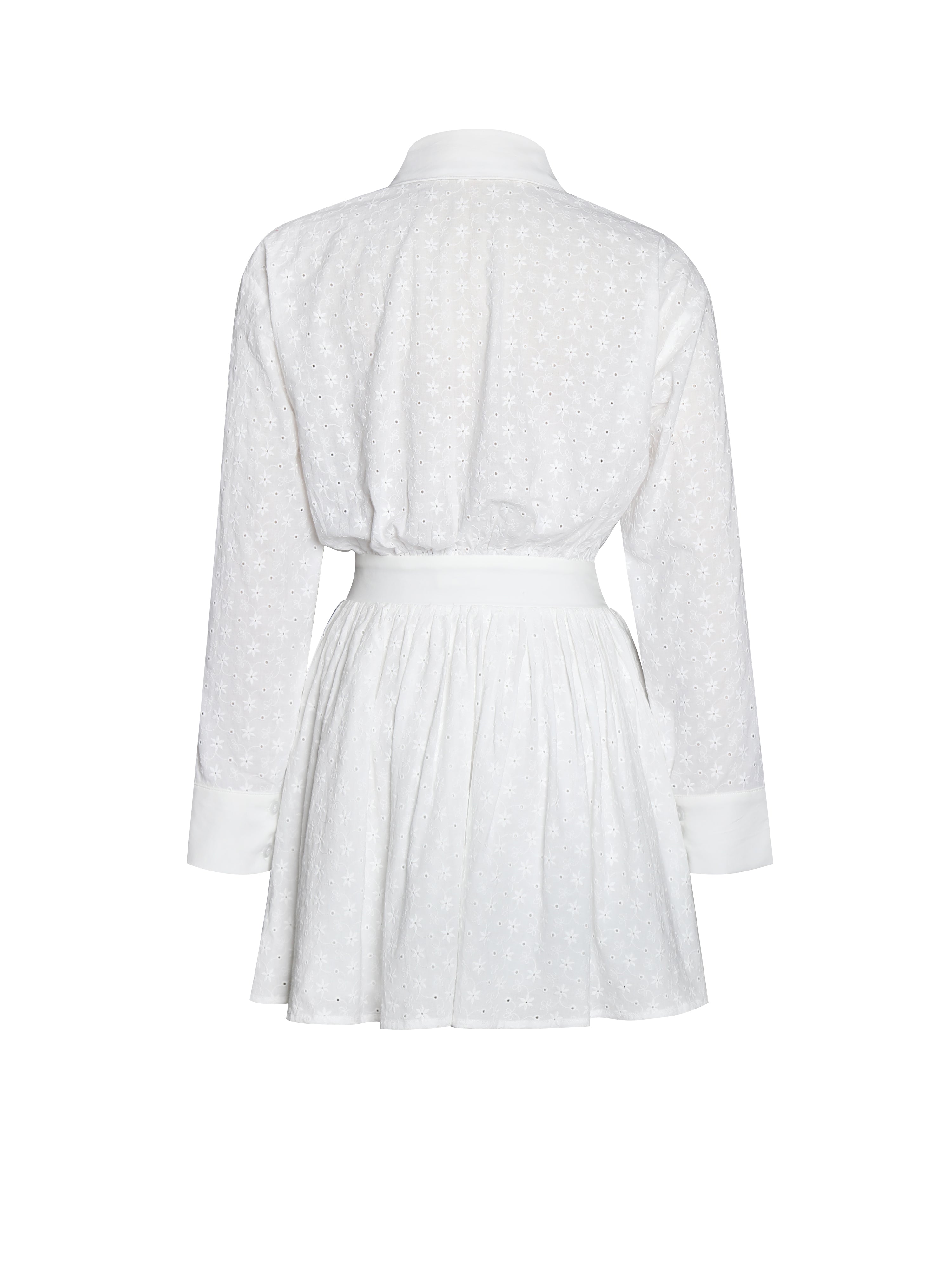Gabriella White Cotton Eyelet Button Up Long Sleeve Shirt Dress