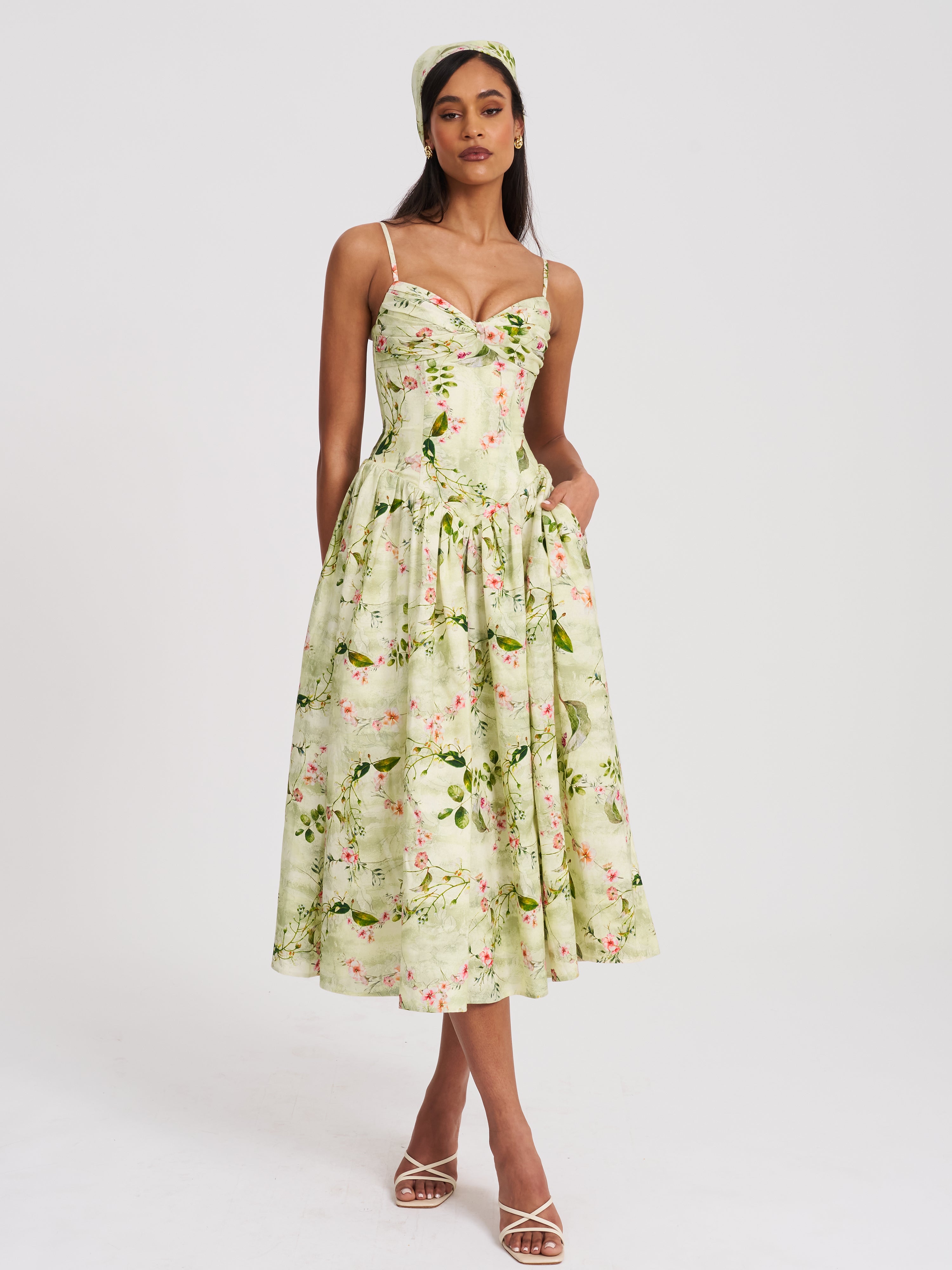 Jacinda Green Floral Print Ruched Breast Linen Midi Dress