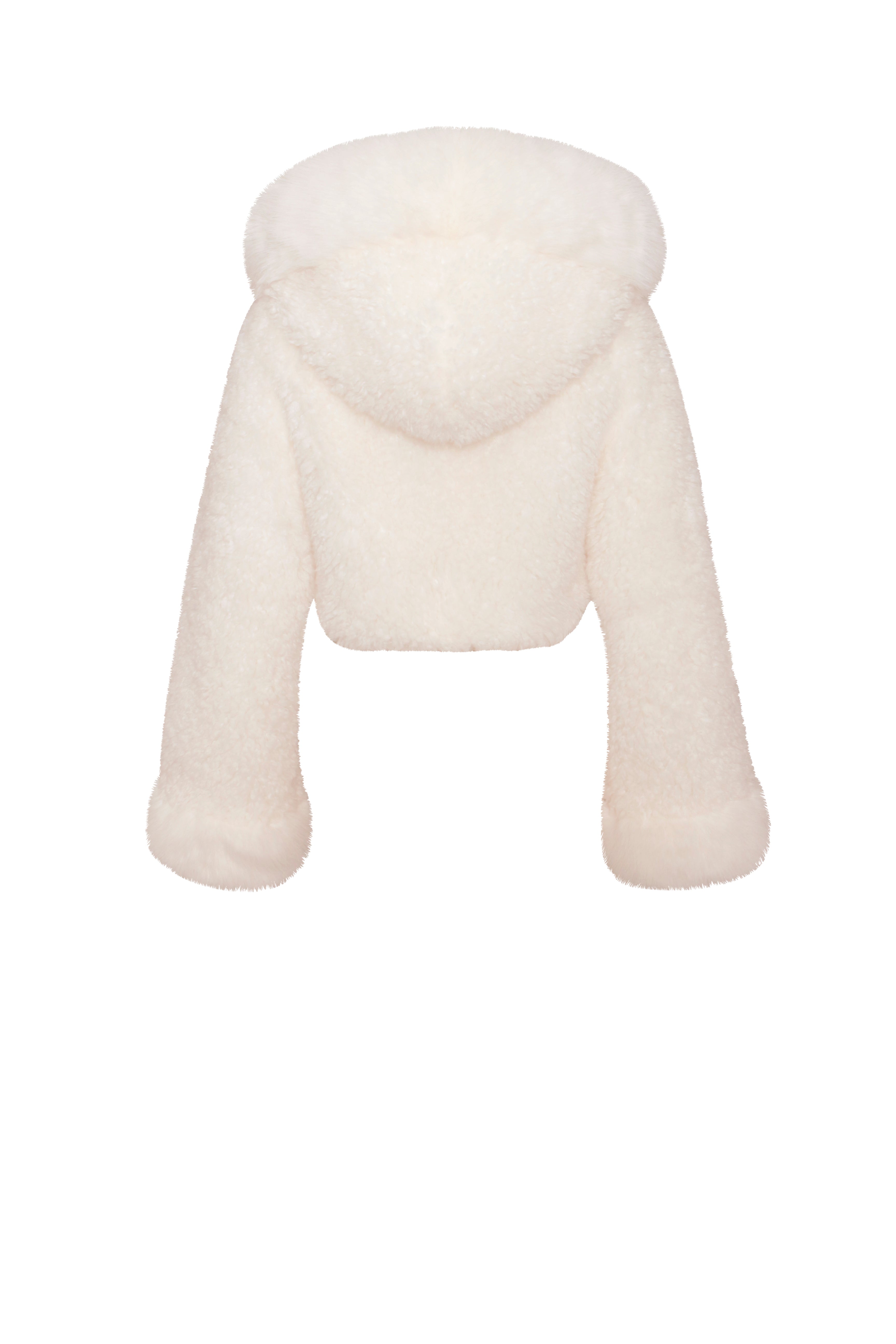 Kali 白色短款人造毛皮连帽夹克