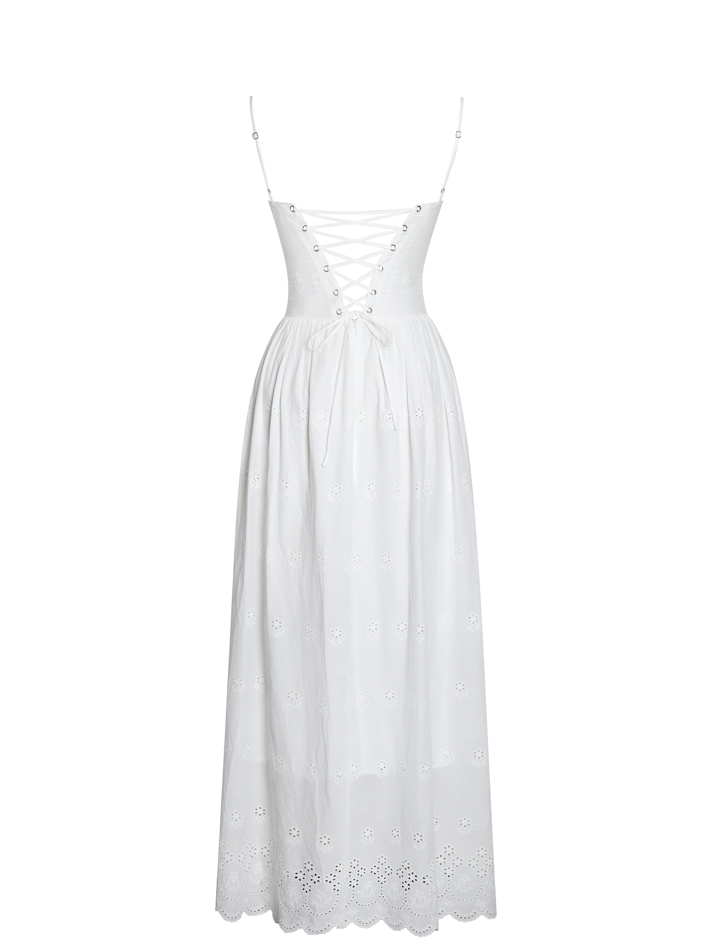 Oberon White Cotton Eyelet Lace-Up Back Maxi Dress