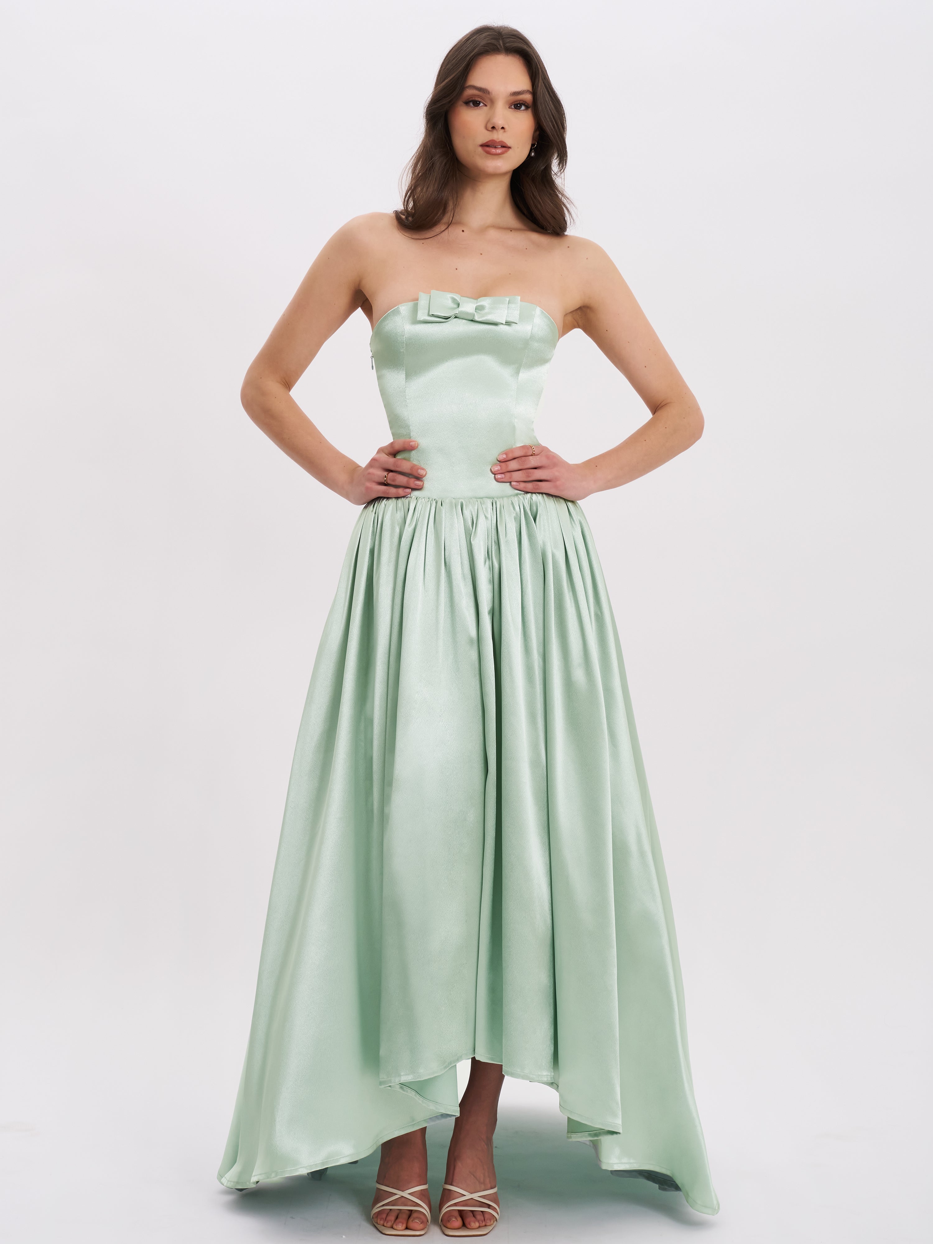 Lael Mint Green Back Button Trailing Gown