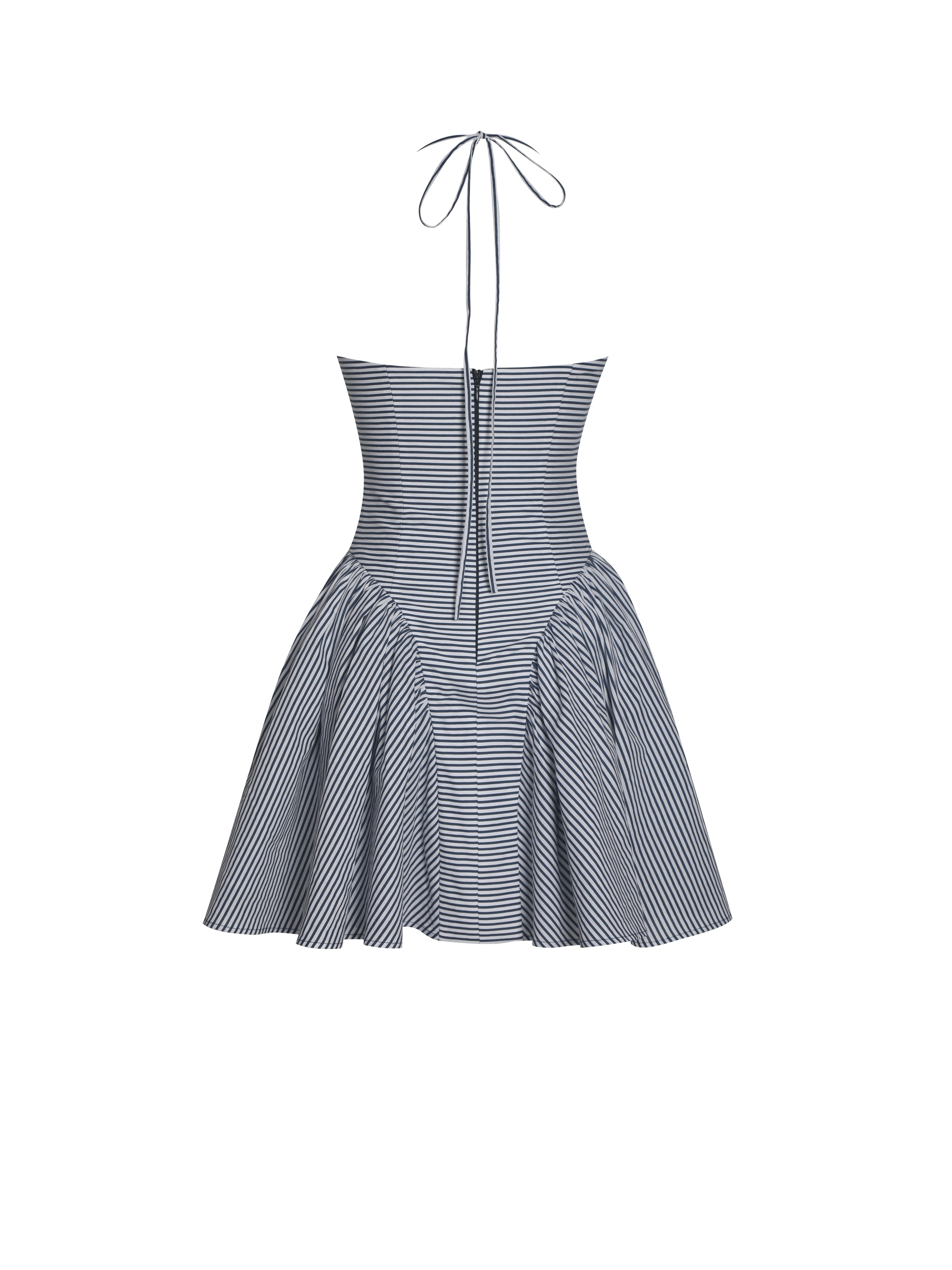 Melody Navy Blue Railroad Stripe Halter Drop Waist Mini Dress