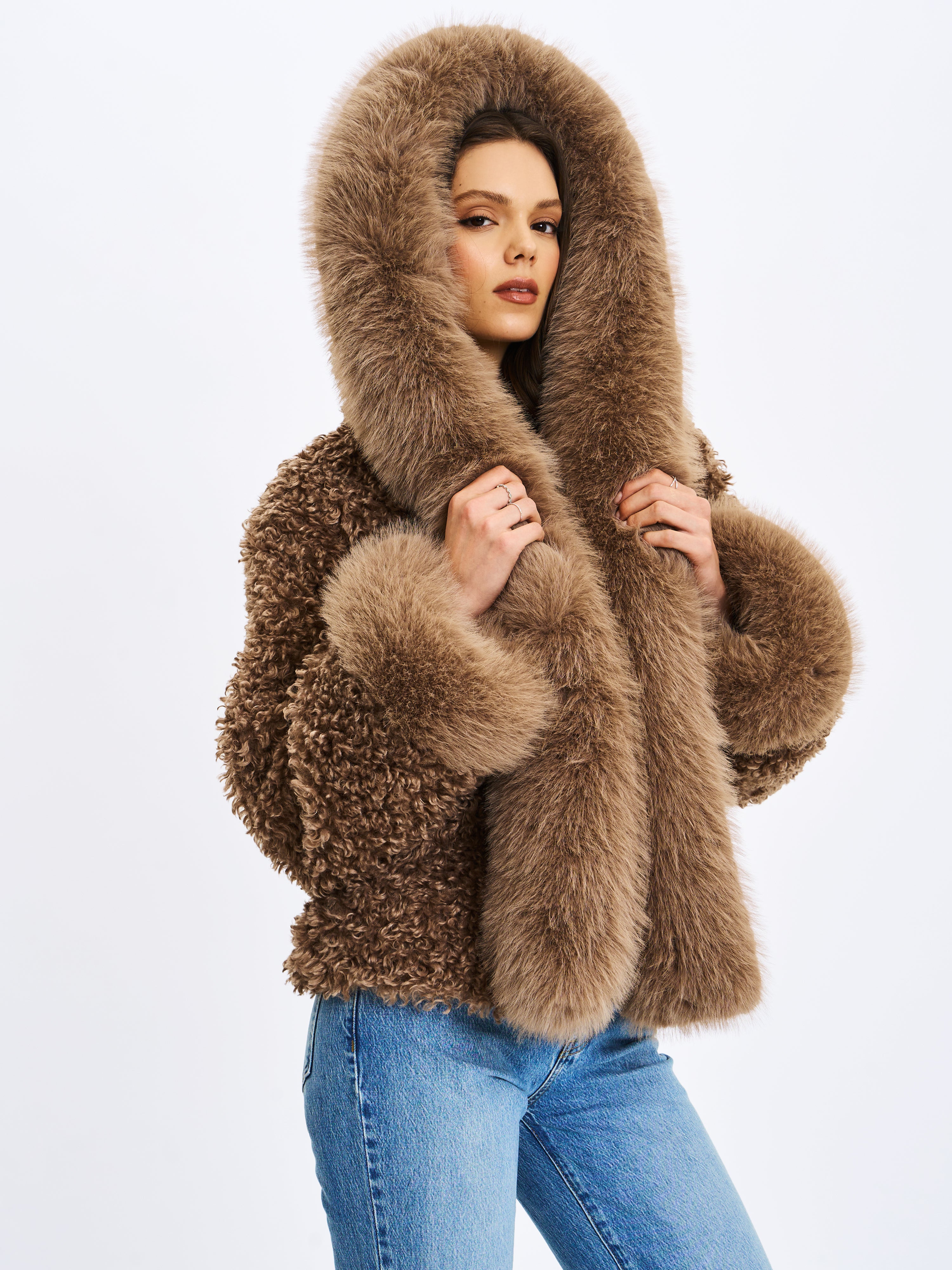 Jumbo Kali Camel Vegan Shearling Fur Trimmed Coat