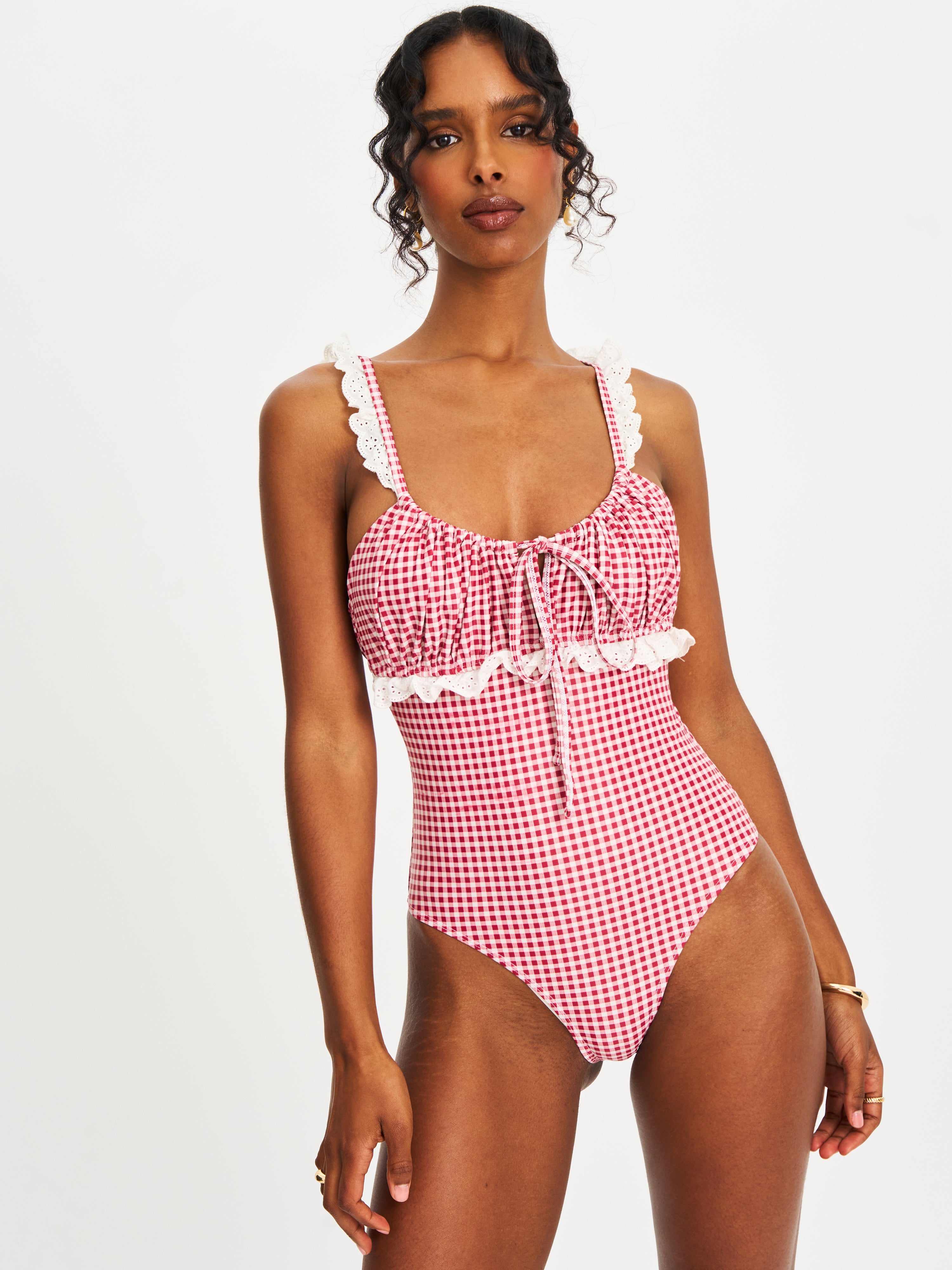 Hallie Red Gingham Lace Backless Swimsuit