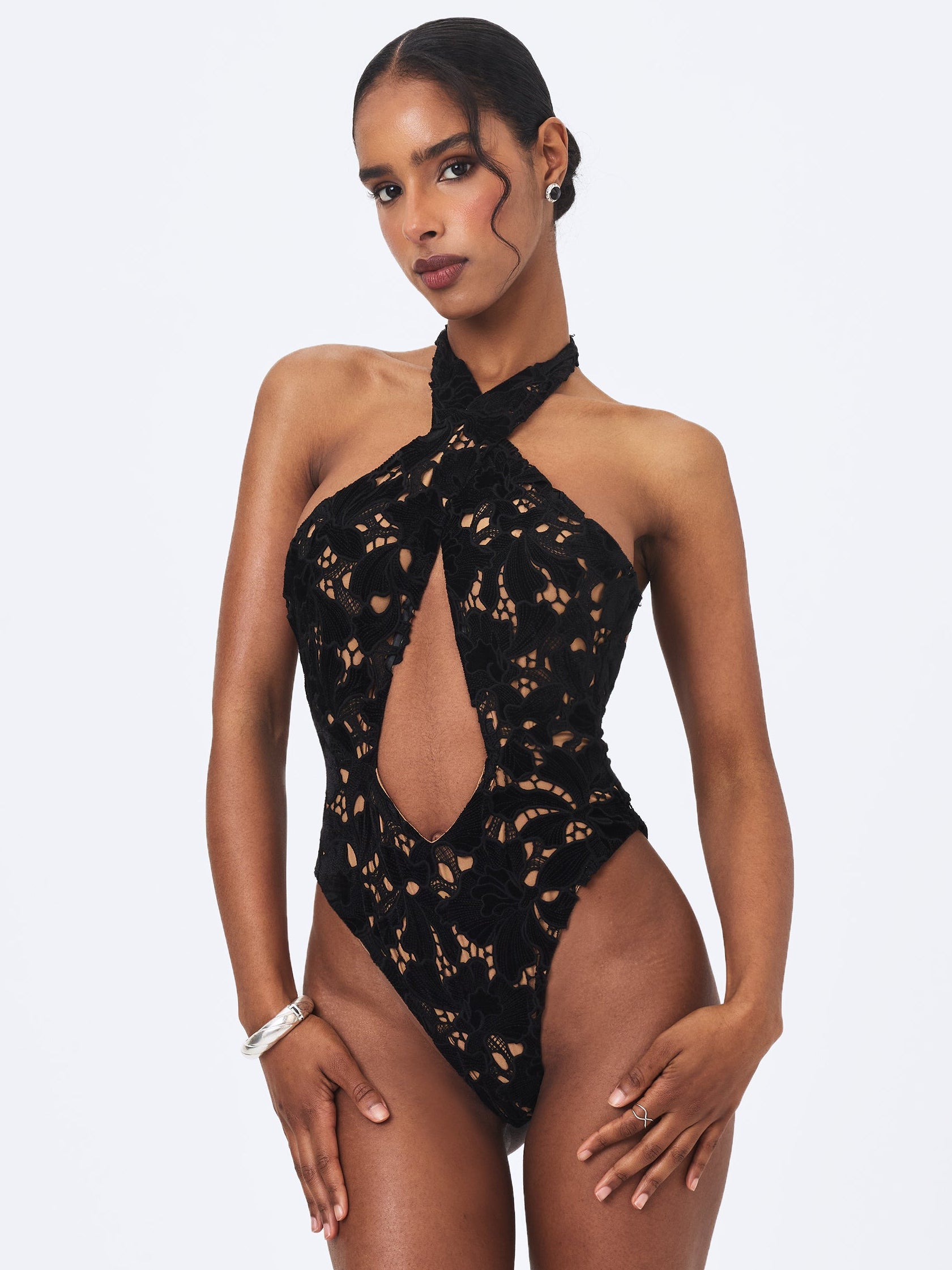 Breanna Black Velvet Lace Crossover Halter Swimsuit