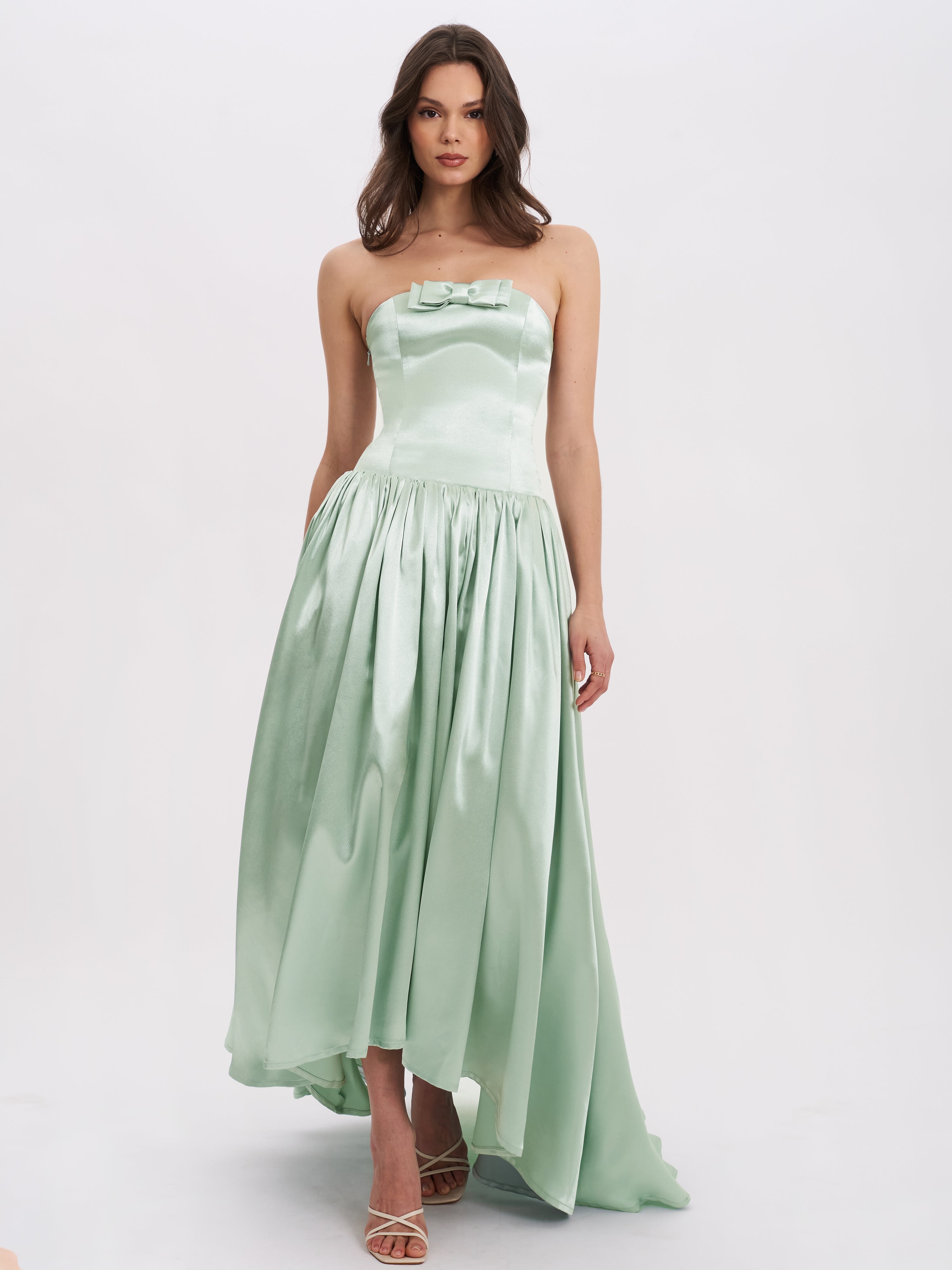 Lael Mint Green Back Button Trailing Gown