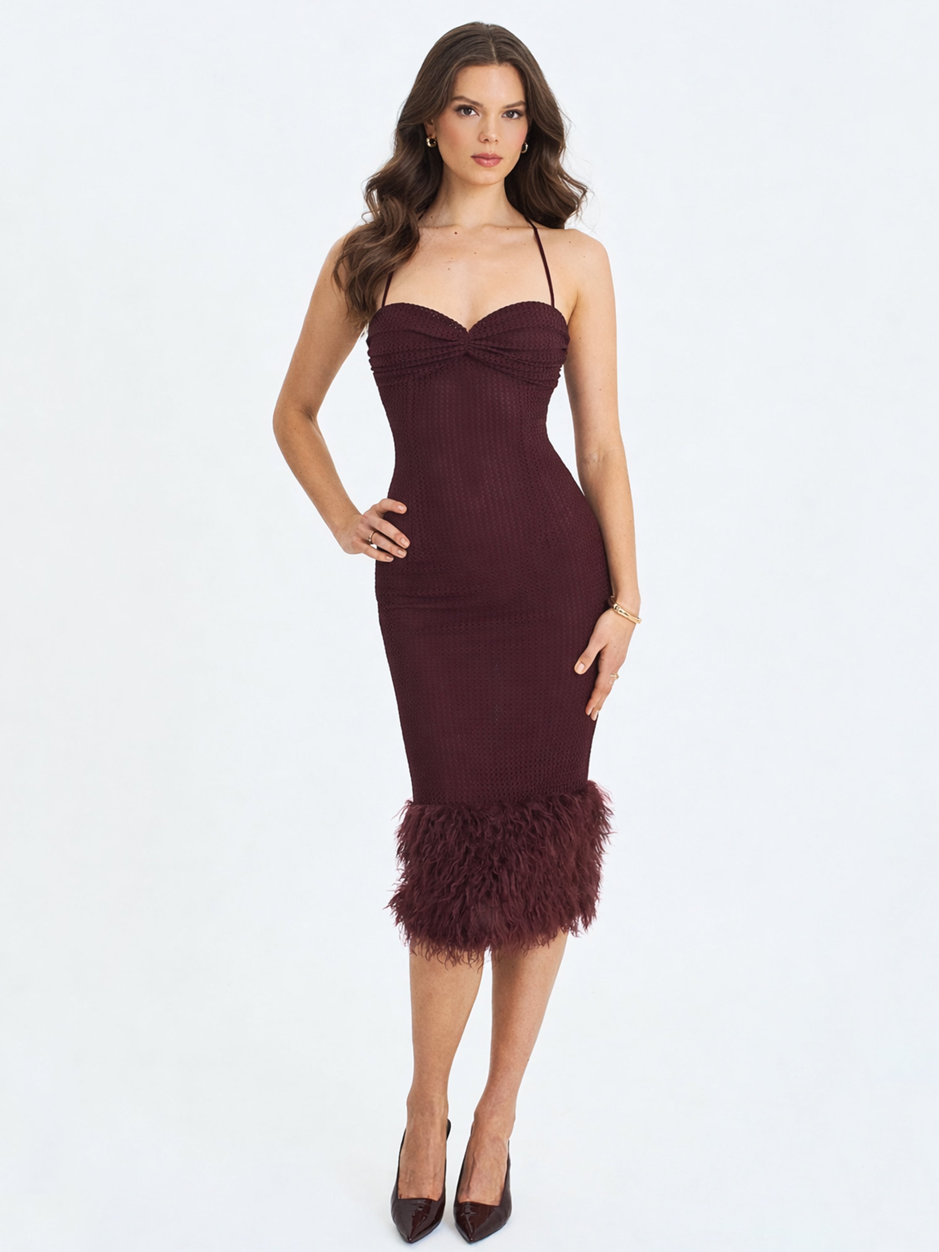 Pluma Maroon Halter Faux-Fur Trimmed Midi Dress
