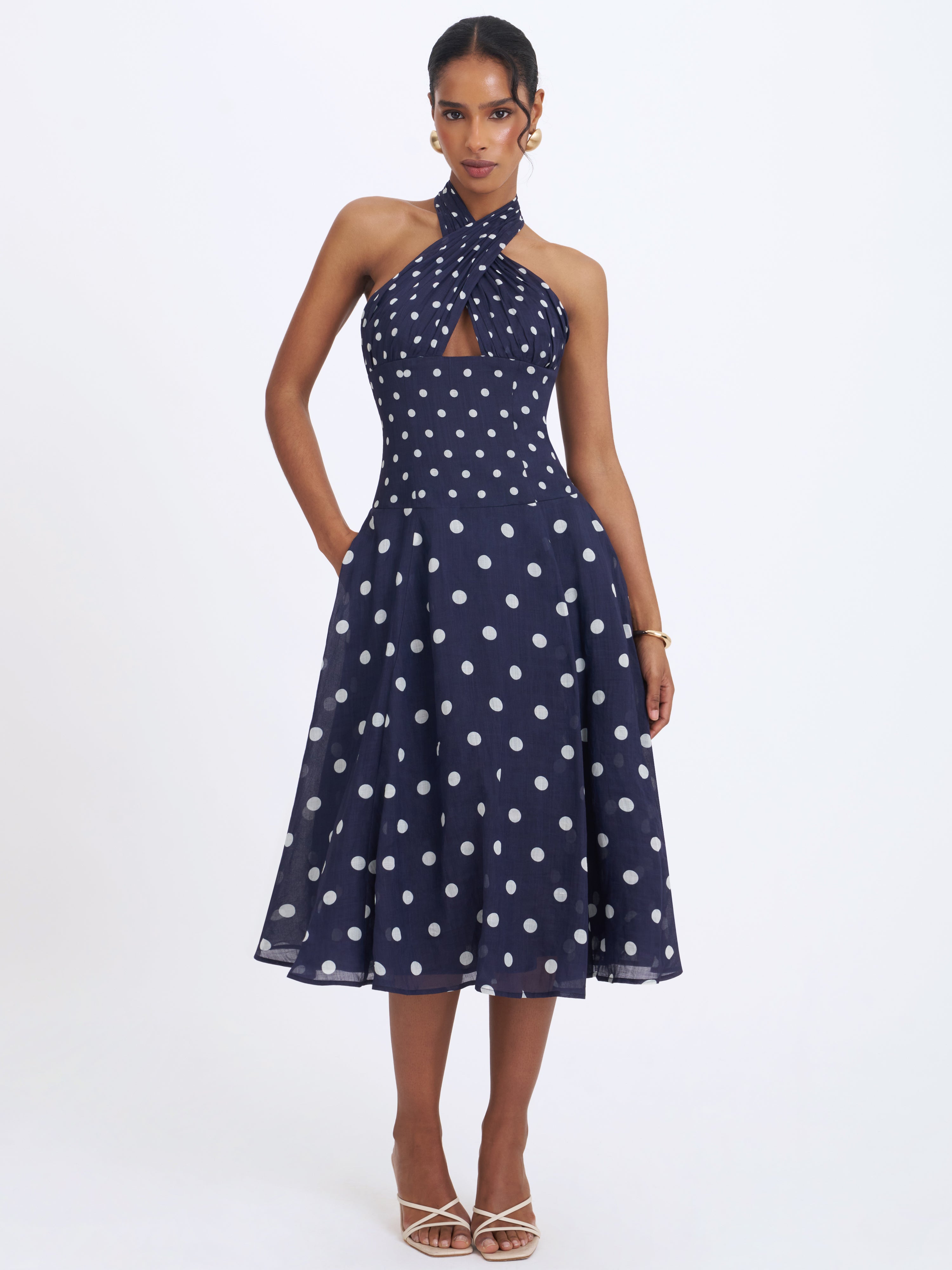 Nuri Navy Polka Dot Ramie Crossover Halter A-Line Midi Dress